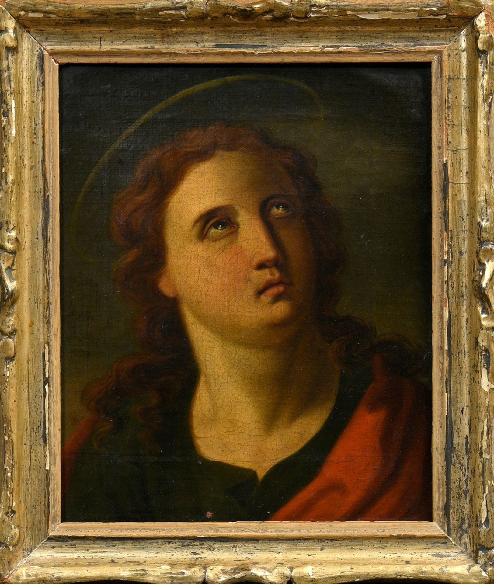 Unknown painter of the 18th c. "Evangelist", oil/canvas, verso old adhesive label "Galerie Commeter - Image 2 of 4