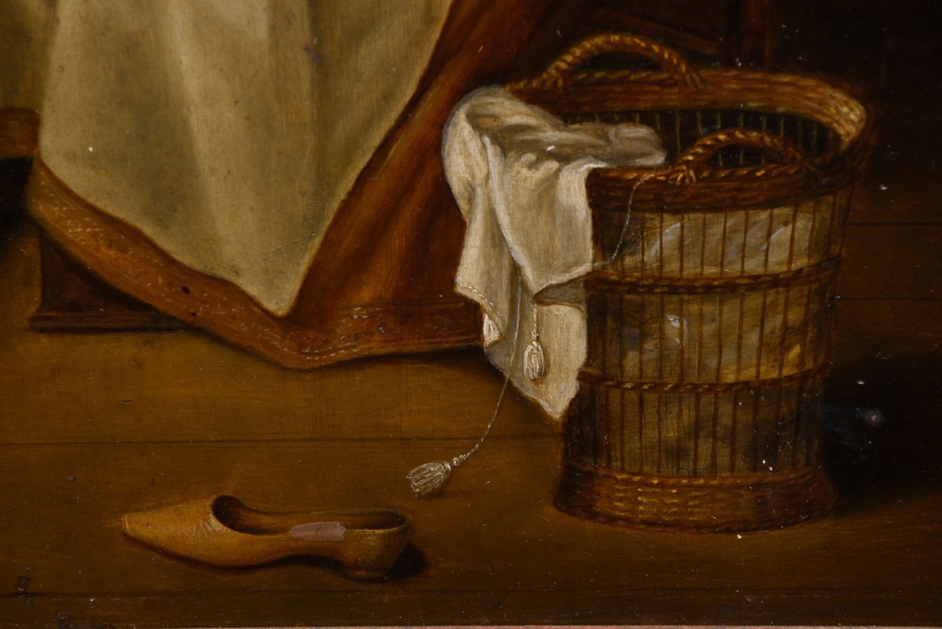 Unknown artist of the 18th c. "Dutch interior scene with couple at wine tasting", oil/wood, magnifi - Image 5 of 8