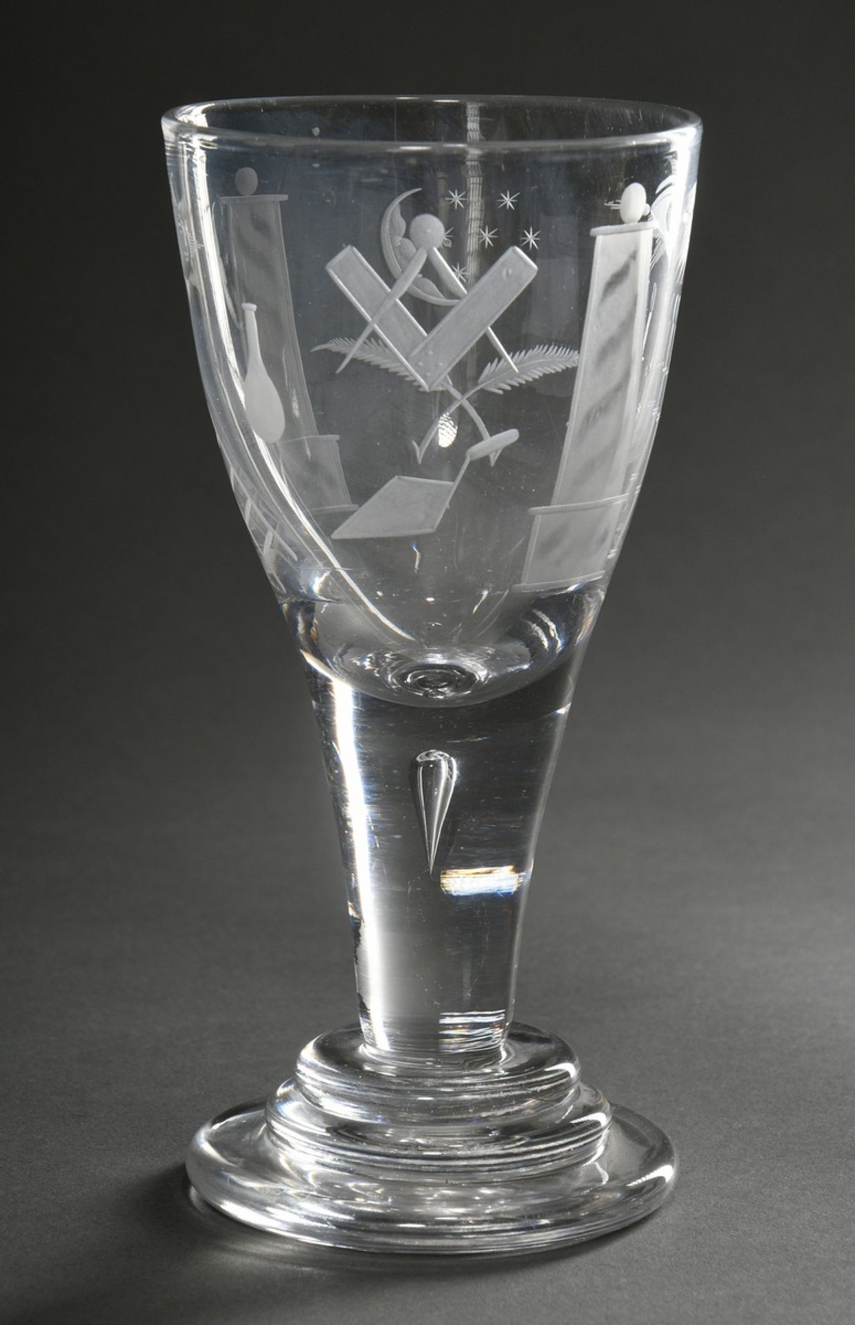 Tall, massive Masonic goblet in conical form with deeply cut symbols, captured bubble in the shaft 