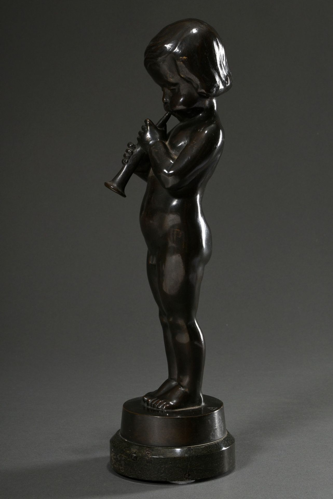 Bronze sculpture "Flute playing Putto" on marble base, c. 1910/20, dark patina, inscribed "Lauchham - Image 3 of 8