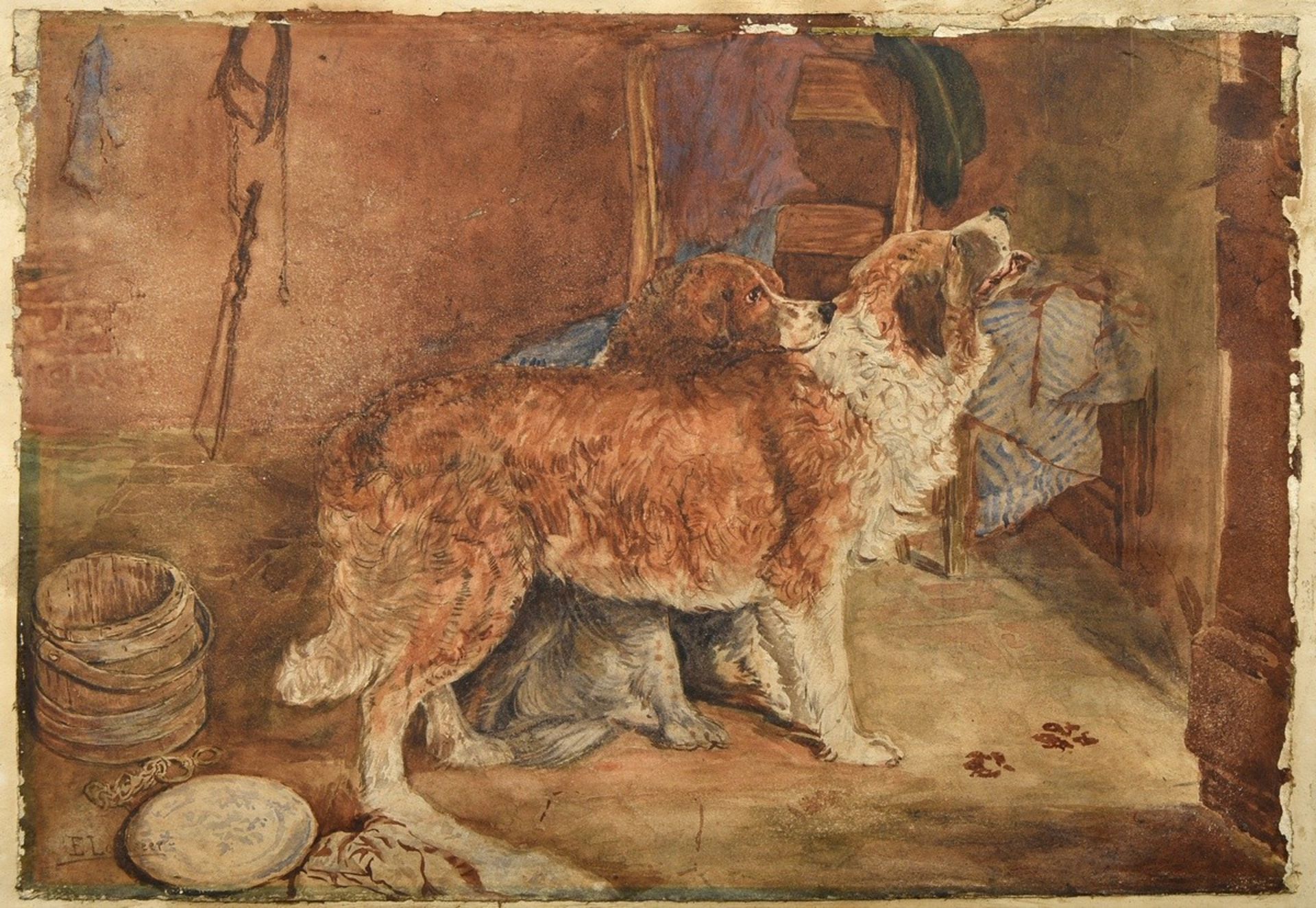 Unbekannter Künstler des 19.Jh. „Zwei Neufundländer“ nach Edwin Henry Landseer (1802-1873), Aquarel