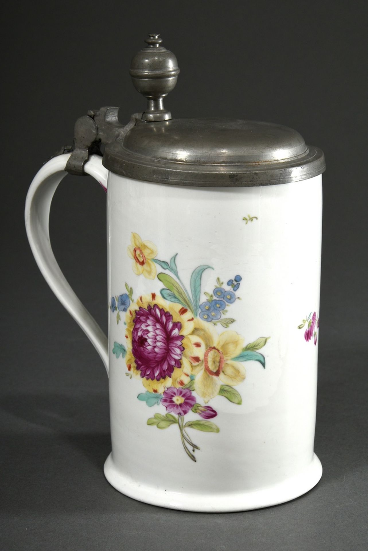 Wallendorf cylindrical roller jug with ear handle and polychrome painting "flower bouquets", pewter