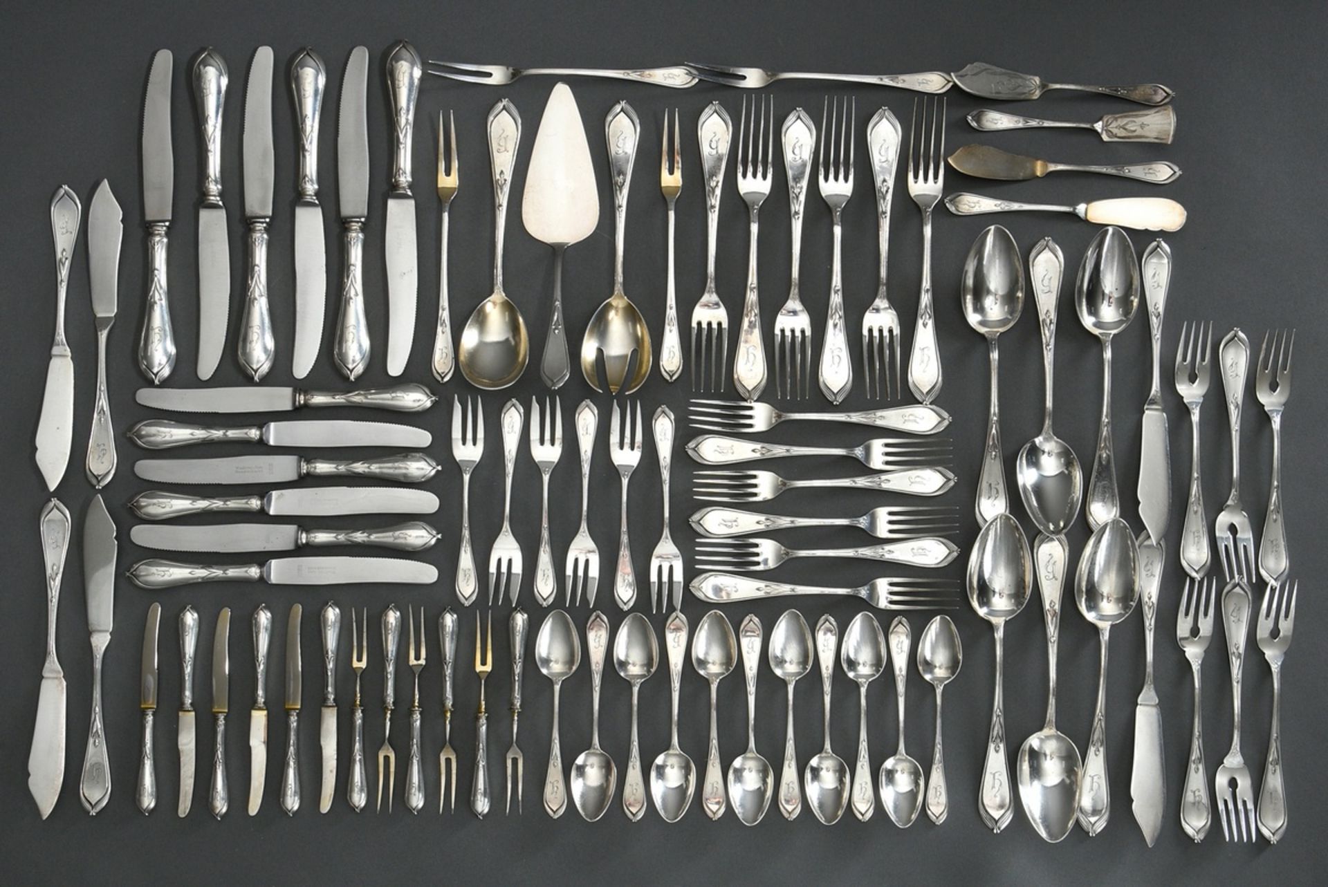 88 Pieces silver cutlery "Bremer Lilie" with monogram "H" for 6 persons, design: Hugo Leven for Koc