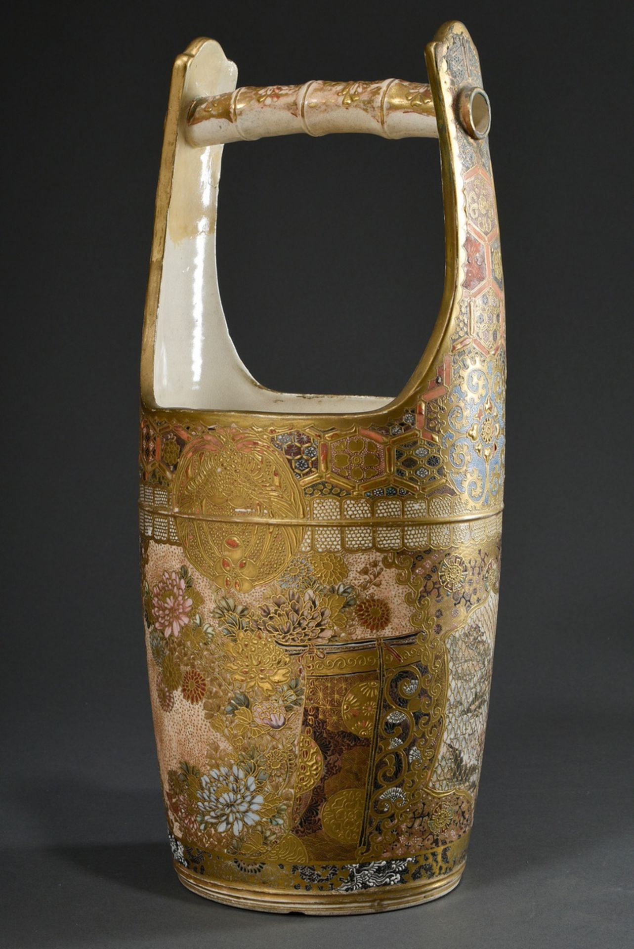 Large Satsuma vase in the shape of a water bucket with polychrome painting "Flowers and Landscapes  - Image 3 of 10