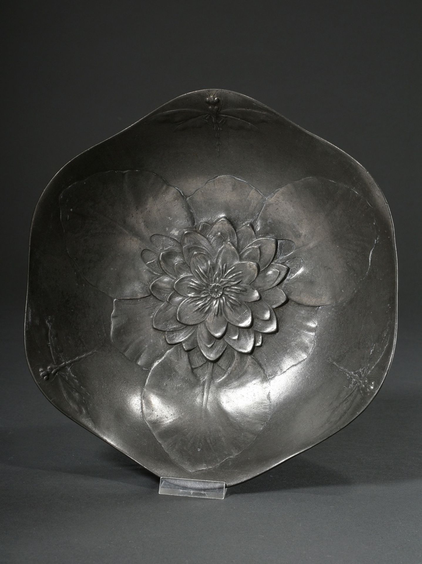 A Kayser pewter bowl with floral art nouveau relief "water lily and dragonflies" and flower-shaped
