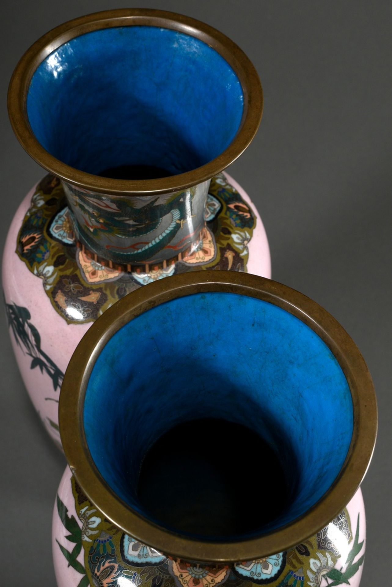 Pair of large cloisonné baluster vases of finest workmanship, projecting neck depicting "Two dragon - Image 9 of 10