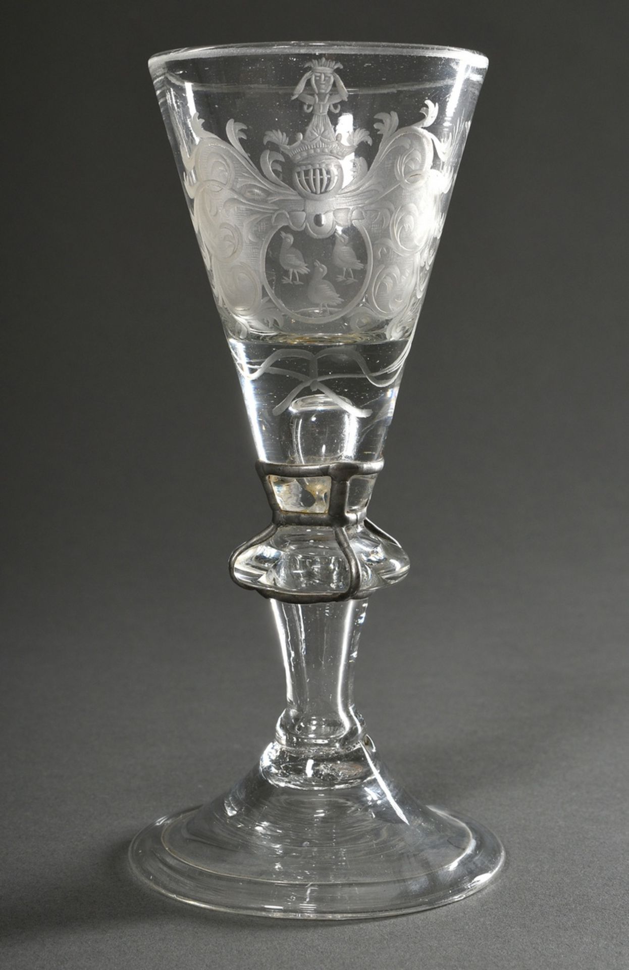 Baroque goblet glass with cut coat of arms "Three quails under a crest with figural crowning", 18th