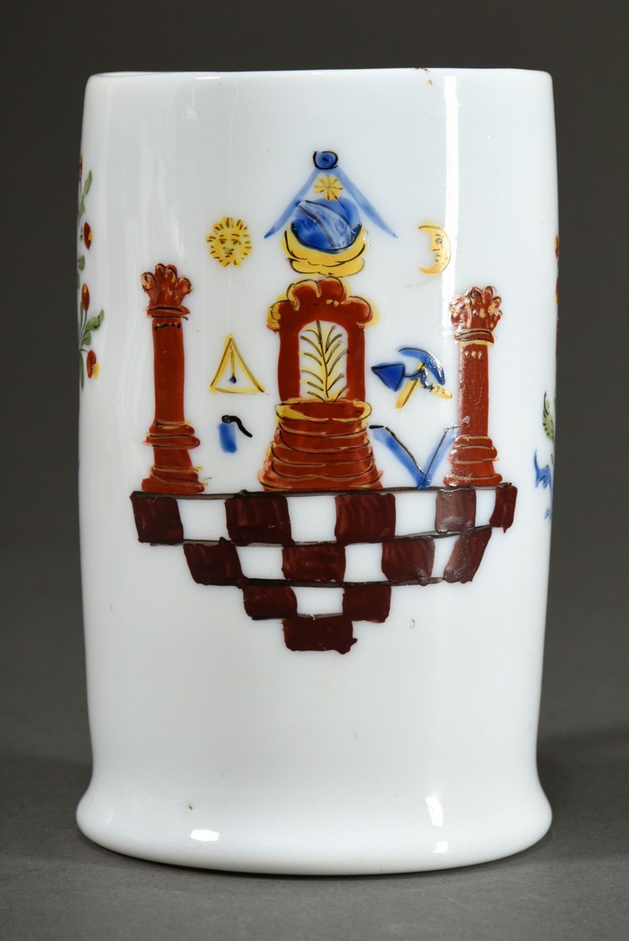 Masonic milk glass roller jug with coloured enamel painting in floral decorated cartouche, ribbon h