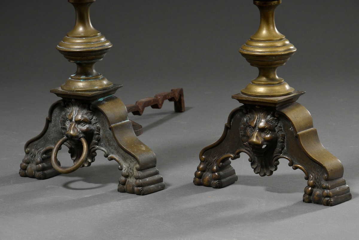 Pair of monumental cast brass andirons on curved feet with lion mascarons and tapering balusters ov - Image 2 of 3