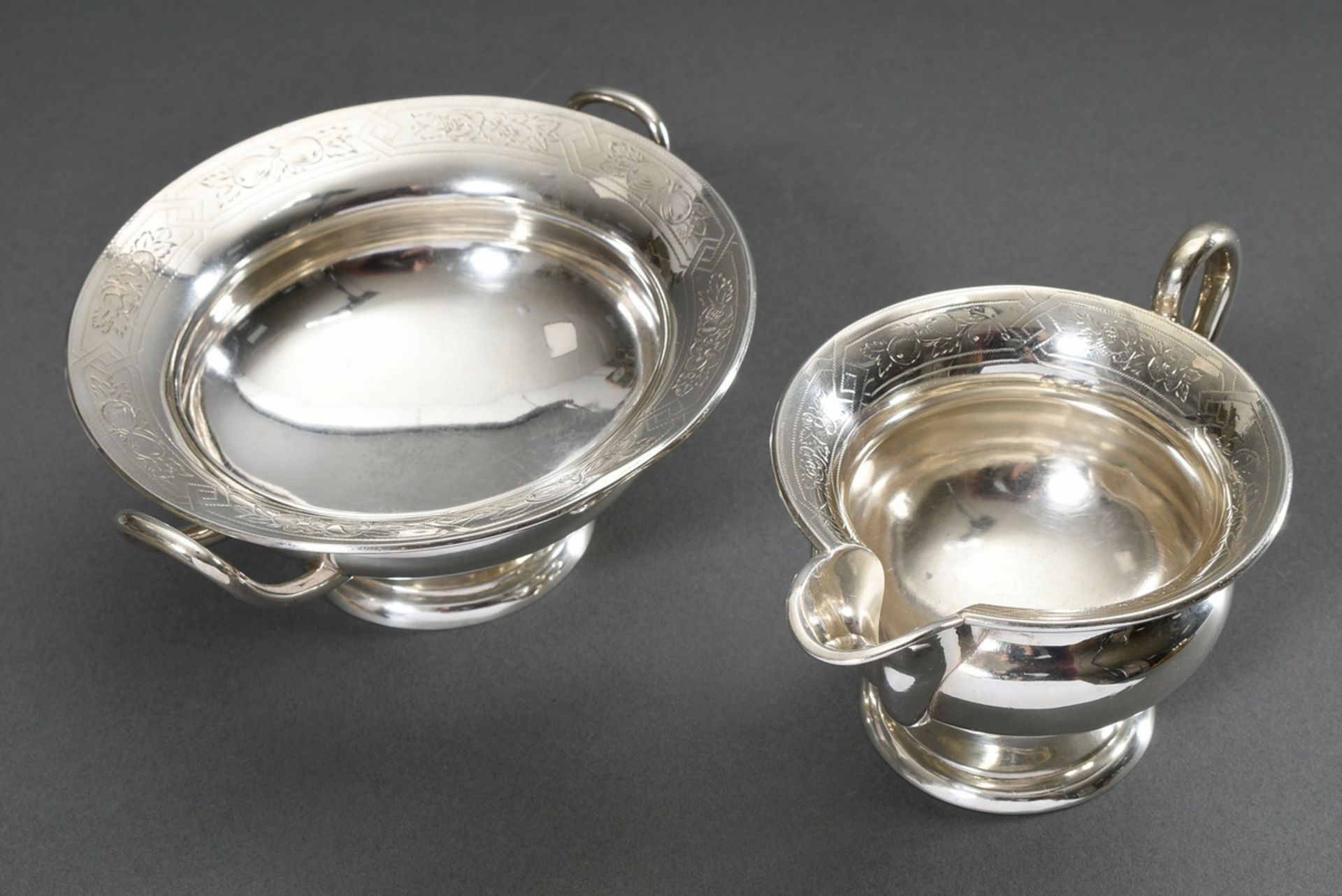 2 Piece Danish sugar and cream set in antique form with engraved border, MM: AJV, Copenhagen 1869, 