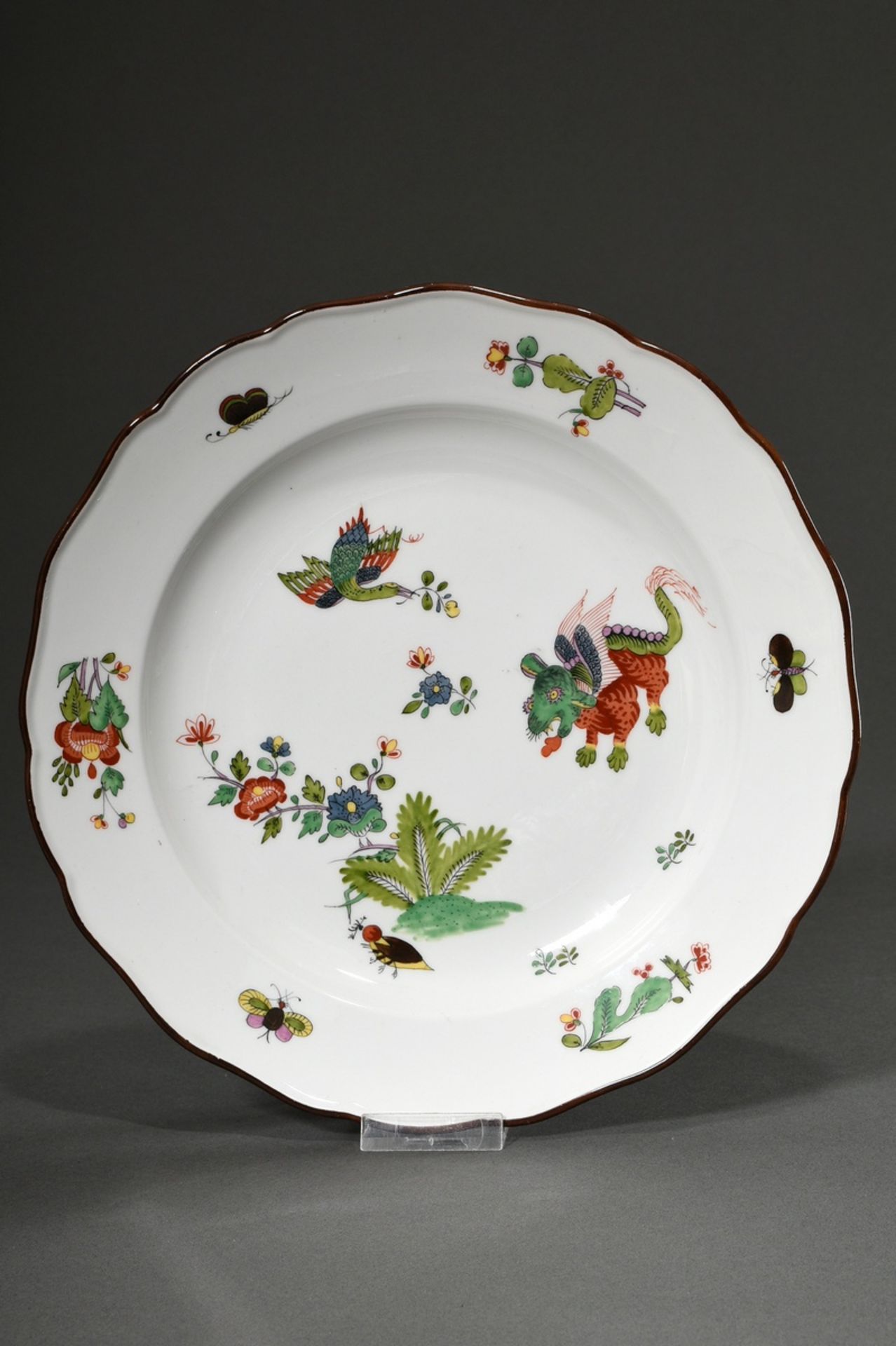 Meissen Teller mit polychromer Kakiemon Malerei "Koreanischer Löwe" und braunem Rand, Neuer Ausschn