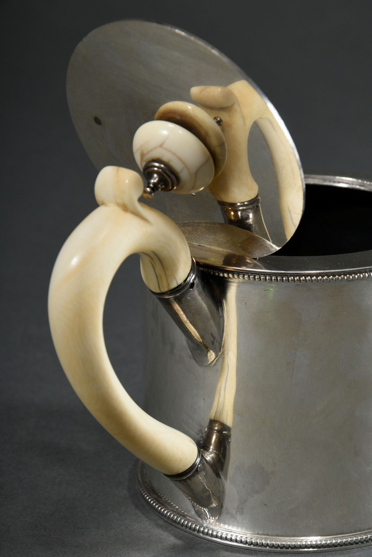 Cylindrical teapot with pearl frieze, ivory handle and lid knob, London 1804, uninterpreted maker's - Image 3 of 5