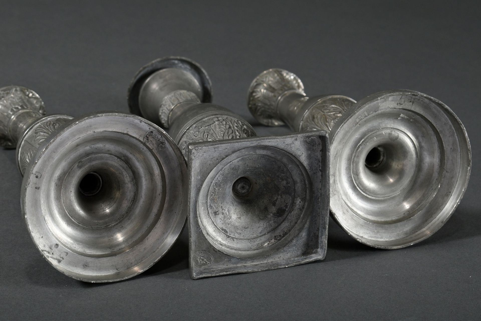 3 Various Saxon pewter candlesticks in Empire form on angular bases with baluster stems and palmett - Image 6 of 10
