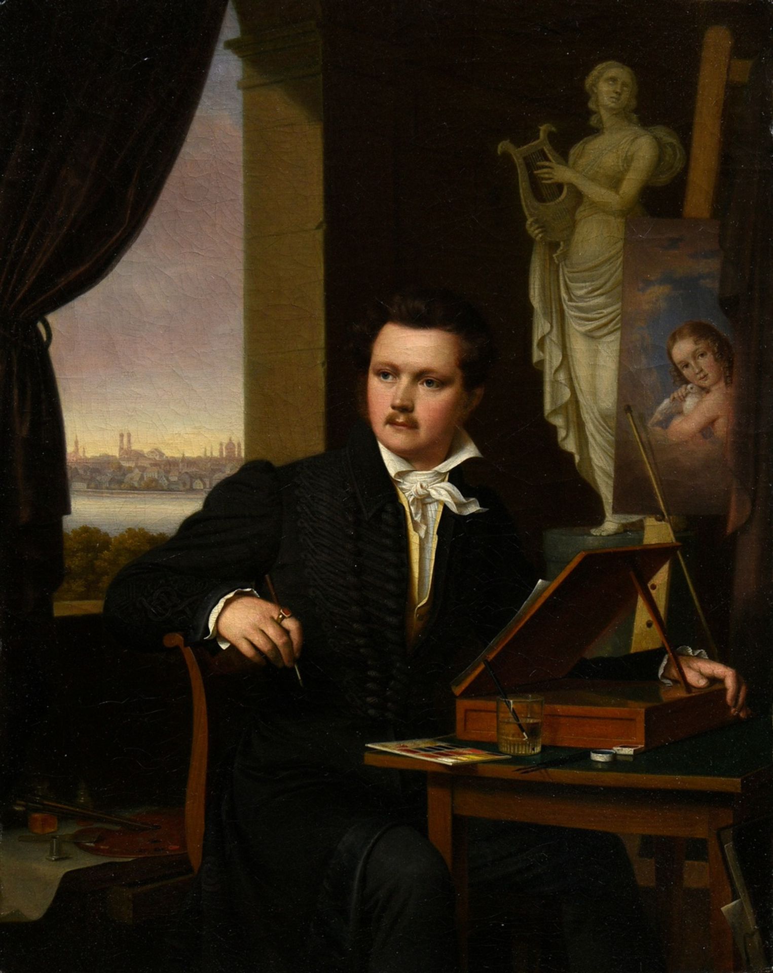 Rausch, Bernhard Peter von (1793-1865) "Self-portrait in the studio in front of a panorama of Munic