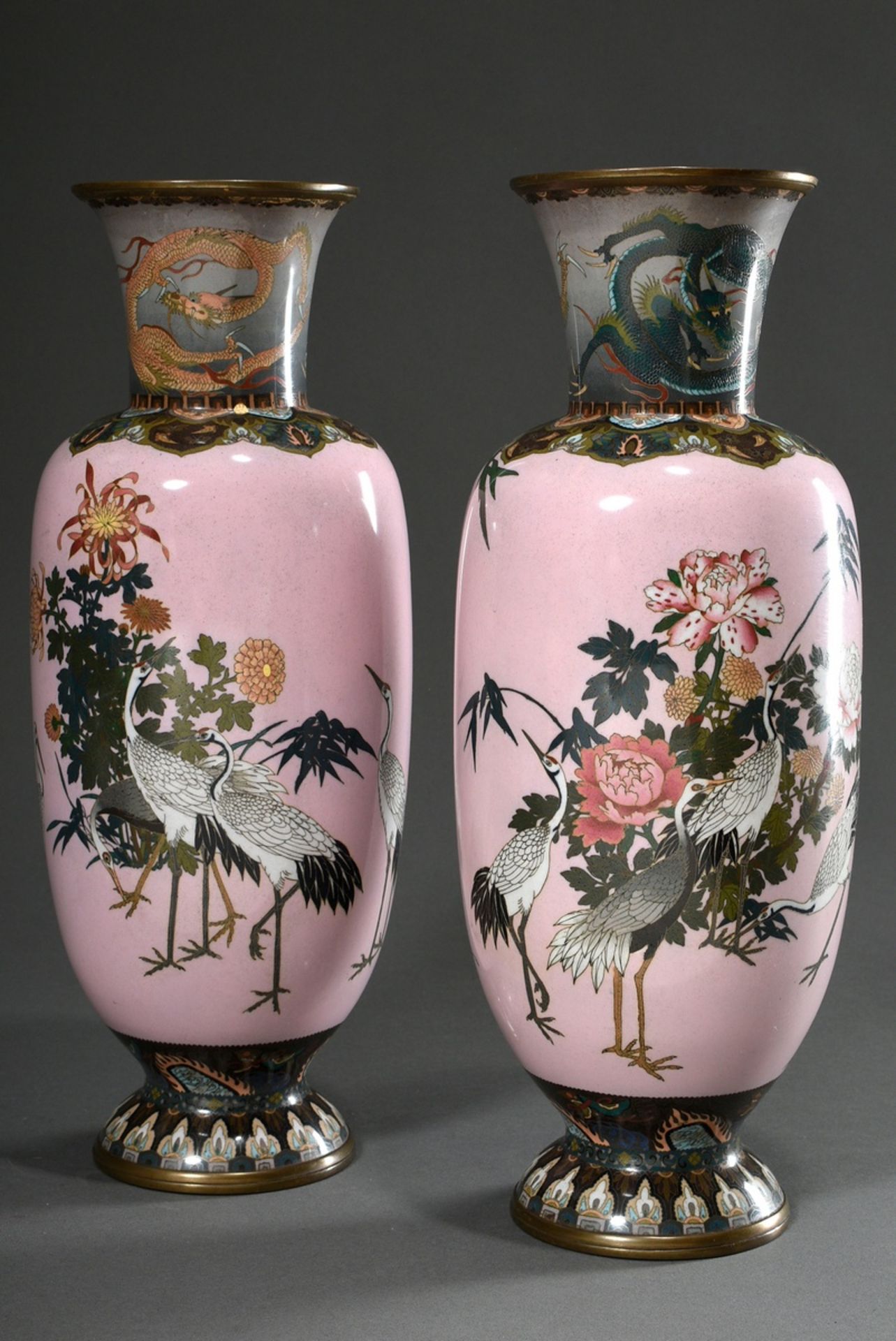 Pair of large cloisonné baluster vases of finest workmanship, projecting neck depicting "Two dragon