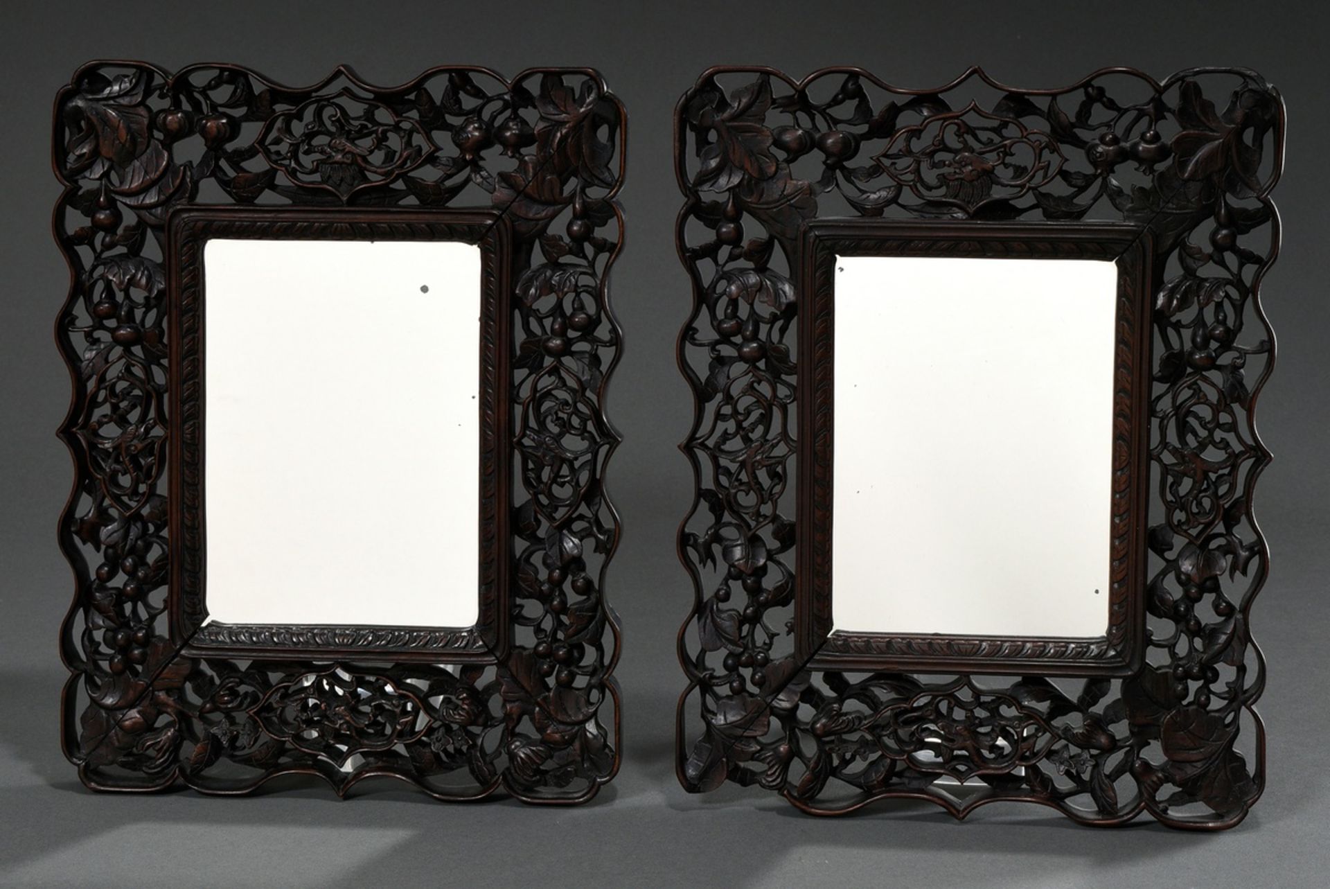 2 Chinese blackwood frames with "dragon and fruit motifs" in fine openwork carving, late Qing dynas