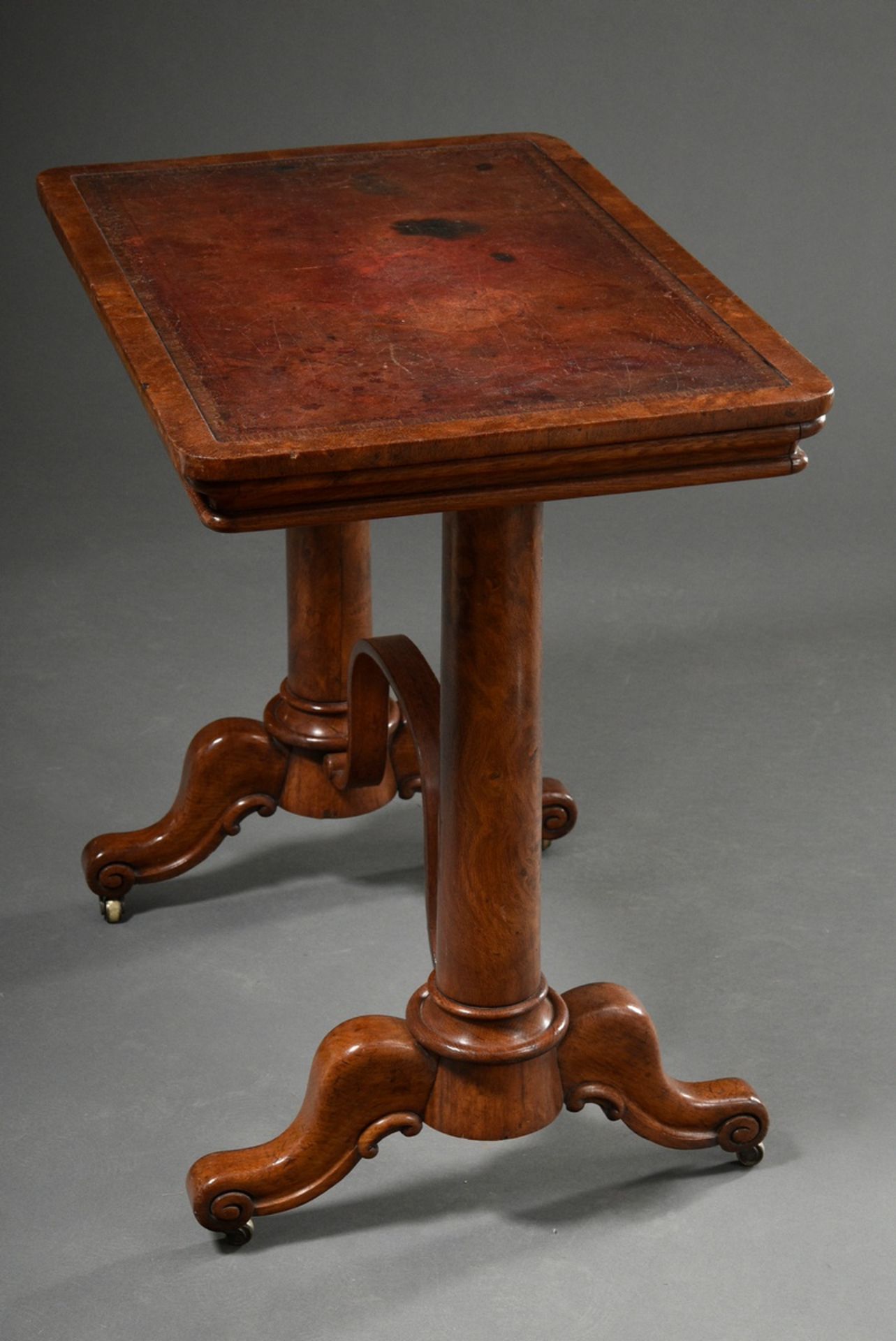 Small card table with cheek frame and curved bridge connection on metal castors, top with stand-up - Image 2 of 4