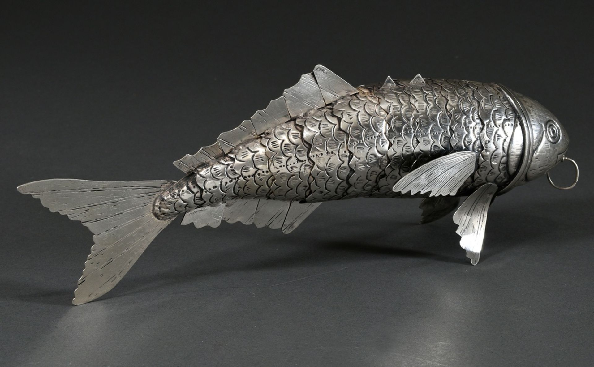 Jewish Besamim spice box: fish with movable scales and fins, head with hinged opening and pull ring - Image 3 of 6