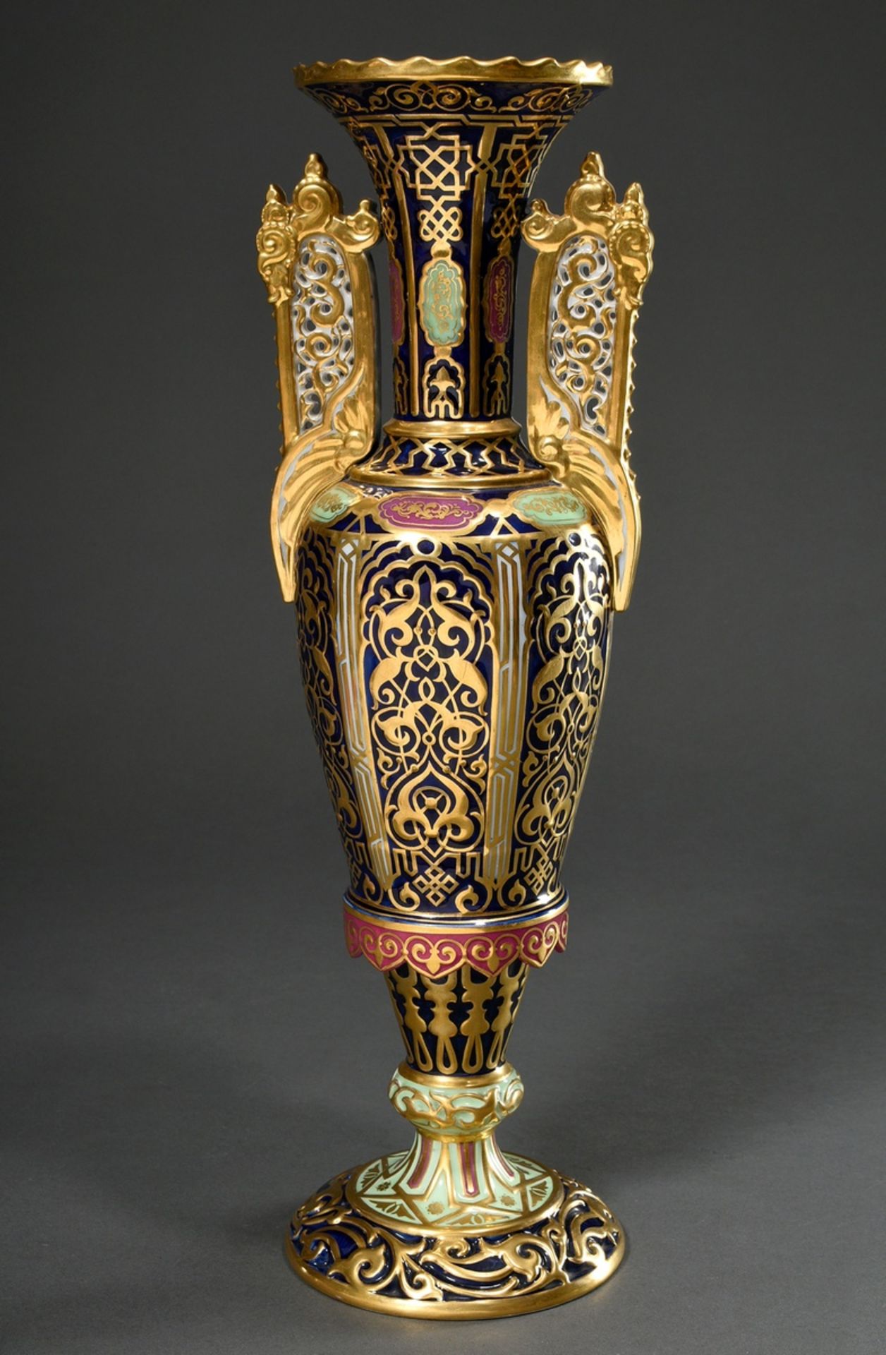 Rare KPM porcelain grand vase in Moorish style of narrow baluster form with funnel neck and openwor