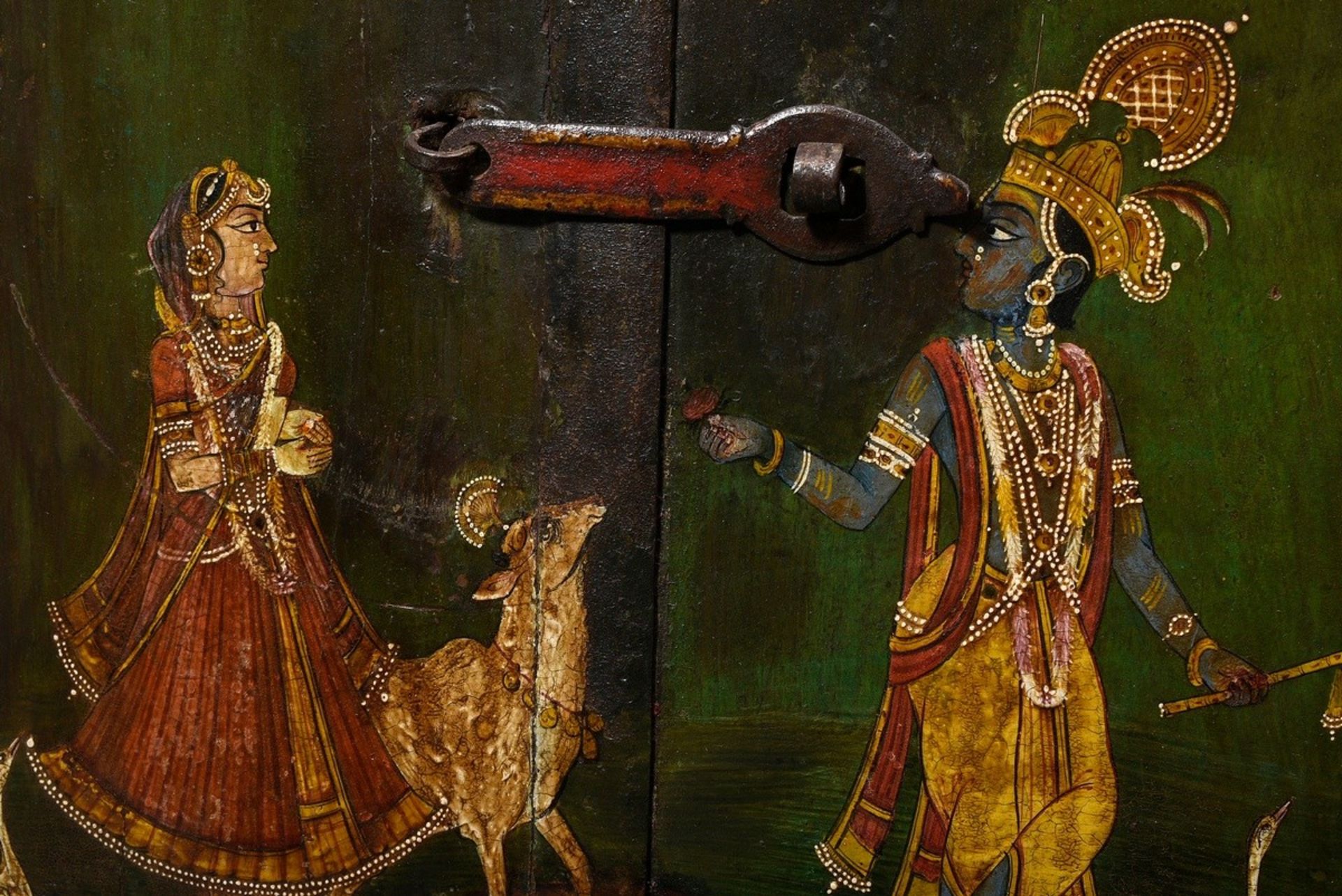 Indian furniture door with polychrome painting "Krishna and Parvati", around 1890/1900, 52,5x49,5cm - Image 2 of 7