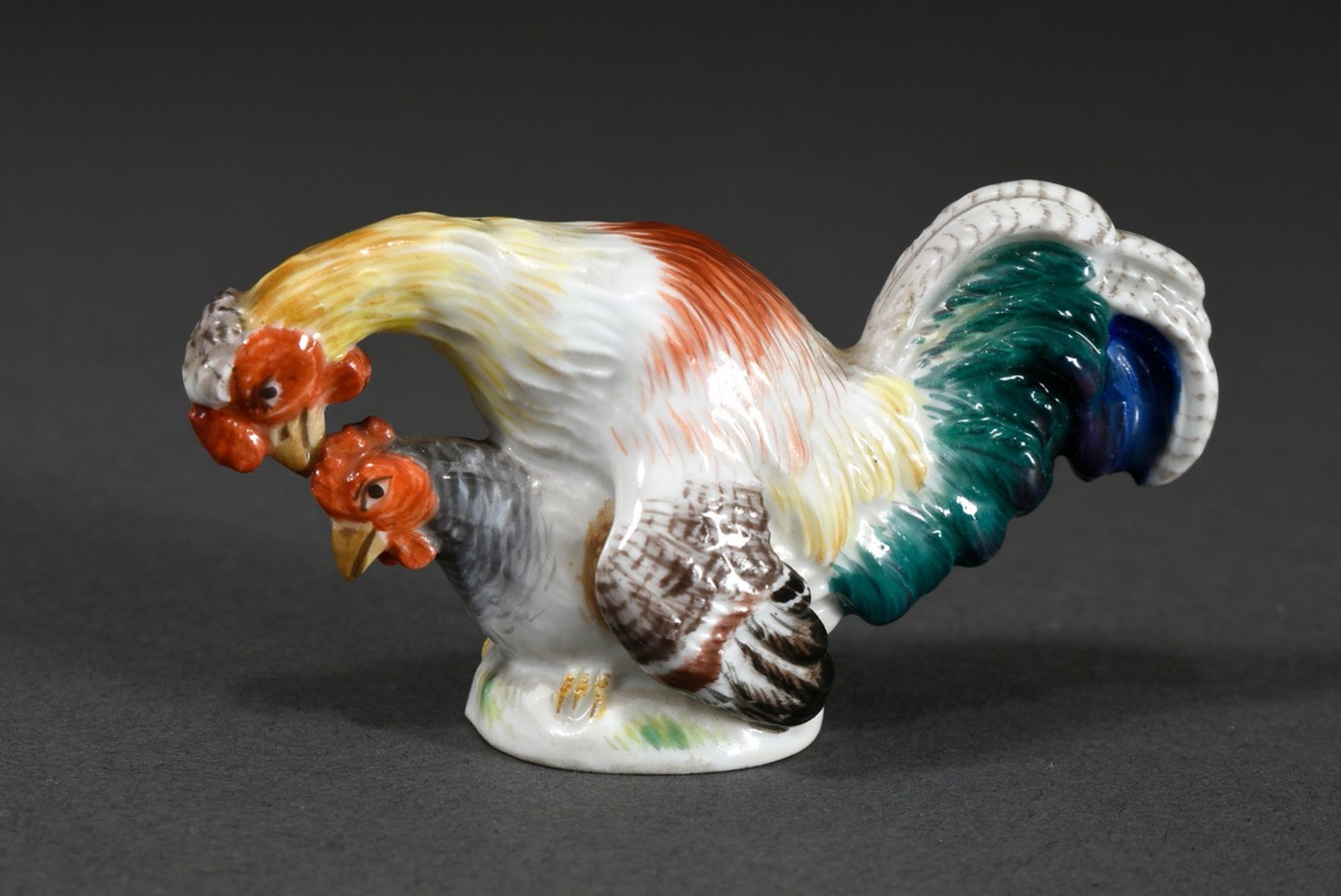 Meissen miniature "Cock on Hen", naturalistic form with copulating chicken couple on oval base, pol