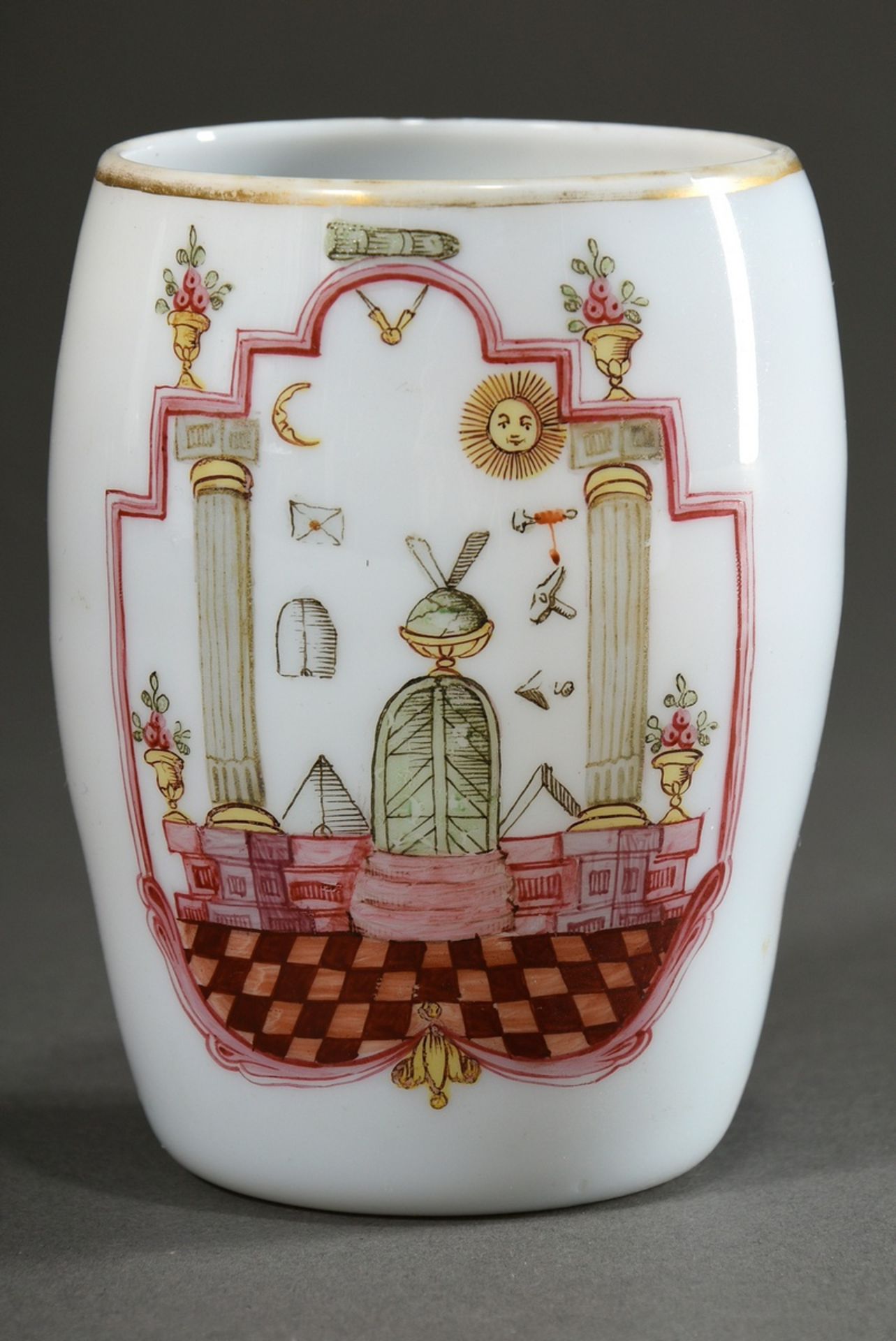 Freemason milk glass handle cup with coloured enamel painting in cartouches, barrel-shaped wall, ri