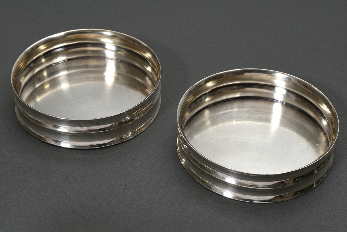 2 Art Deco bottle coasters with double grooved rim, China circa 1920/30, MM: EC, silver 935, 300g, 