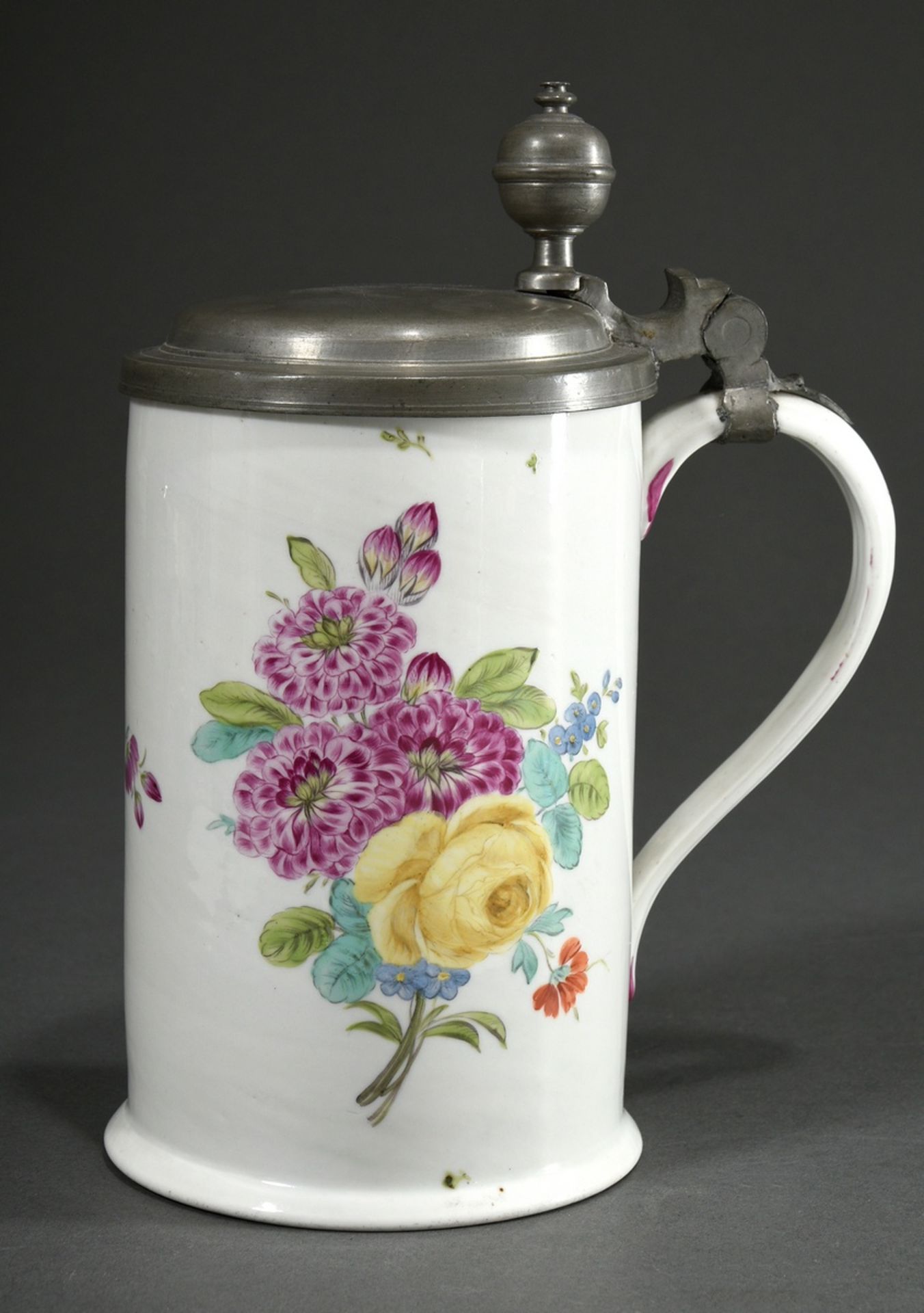 Wallendorf cylindrical roller jug with ear handle and polychrome painting "flower bouquets", pewter - Image 2 of 8