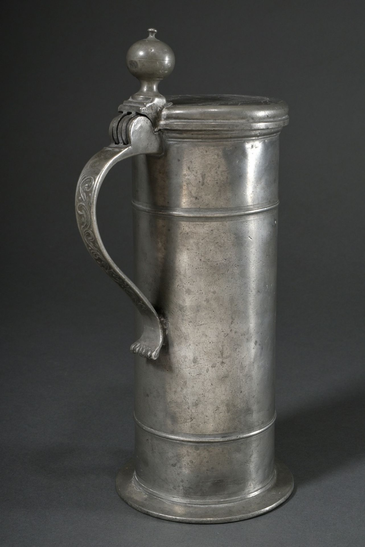 Tall pewter lidded tankard with floral engraved decoration and owner's inscription "Asmus Hinrich M - Image 2 of 8