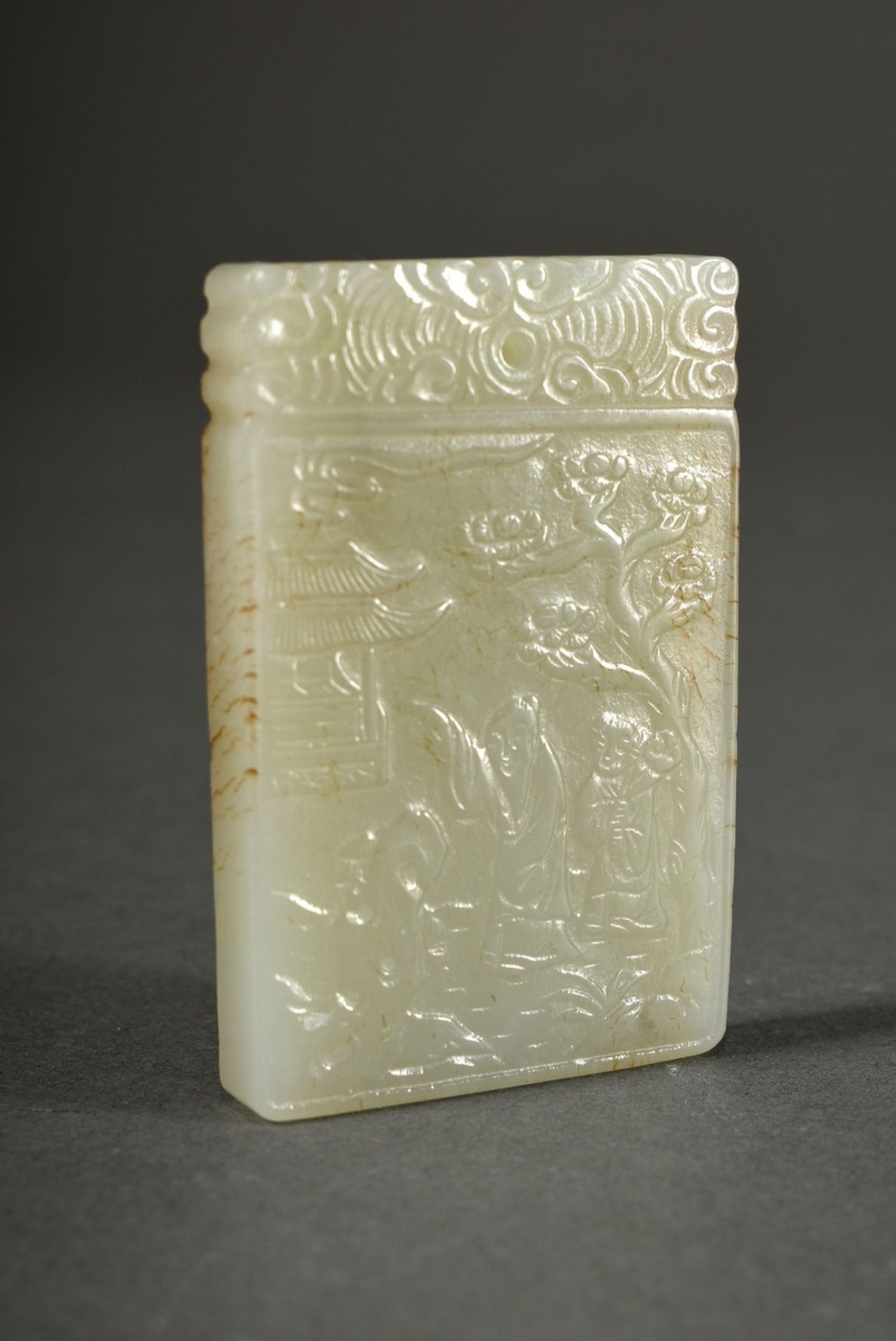 Seladon jade plaque "Two Wise Men in the Garden", characters on verso, depictions in low relief, wo - Image 6 of 6