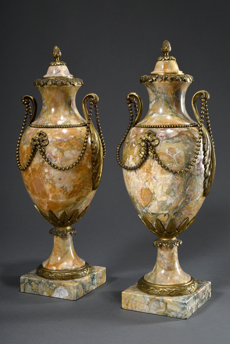 Pair of Louis XVI style fireplace vases, Giallo Antico marble with fine fire-gilt bronze mounting a