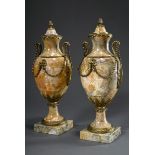Paar Kamin-Deckelvasen im Louis XVI Stil, Giallo Antico Marmor mit feiner feuervergoldeter Bronze M