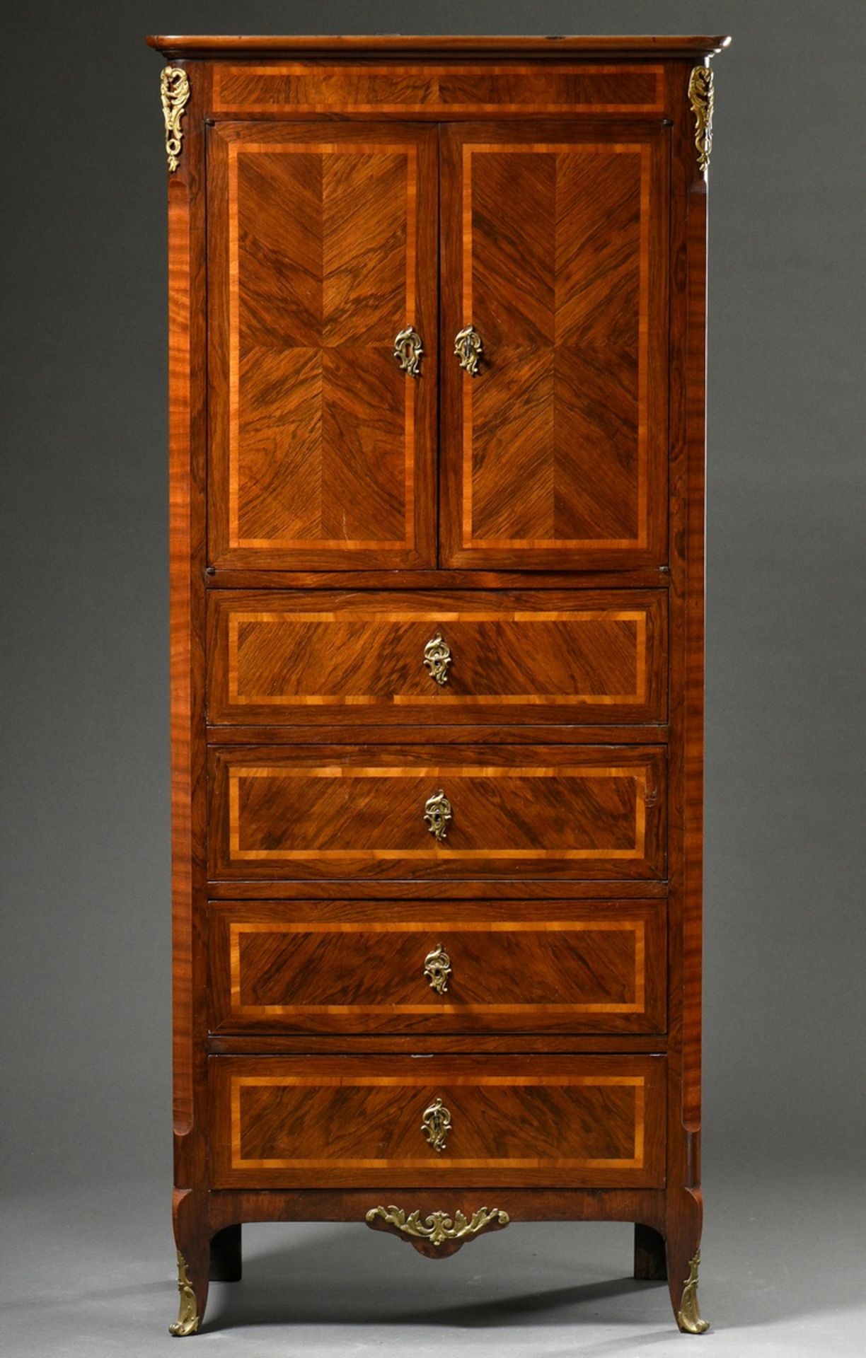 Small cabinet with double doors over 4 drawers, walnut and fruitwood veneer with gilt bronze fittin