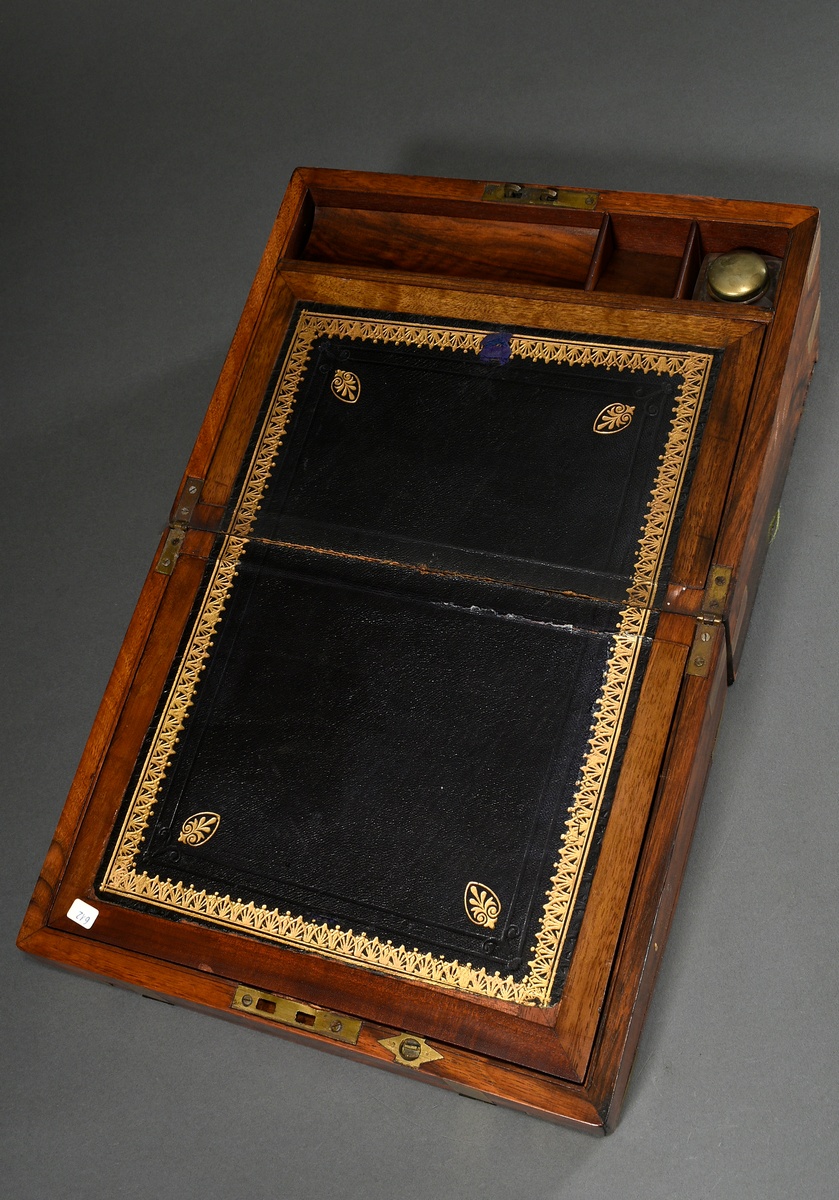Hinged travelling secretary's box with brass bands, interior with black leather writing plate and i - Image 4 of 4