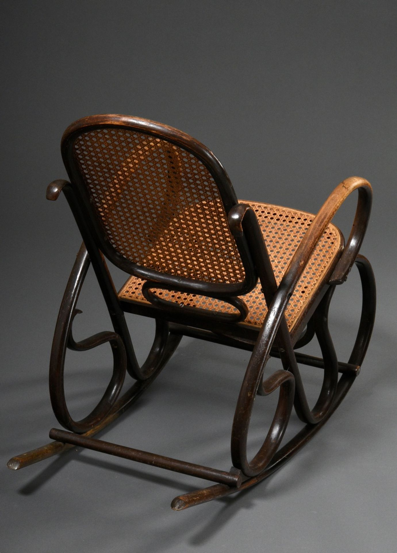 Art nouveau children's rocking chair in Thonet style, dark stained bentwood with wickerwork, h. 71, - Image 3 of 5