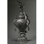 A very large Japanese bronze vase with a 3-part body and rich relief decoration as well as fully pl