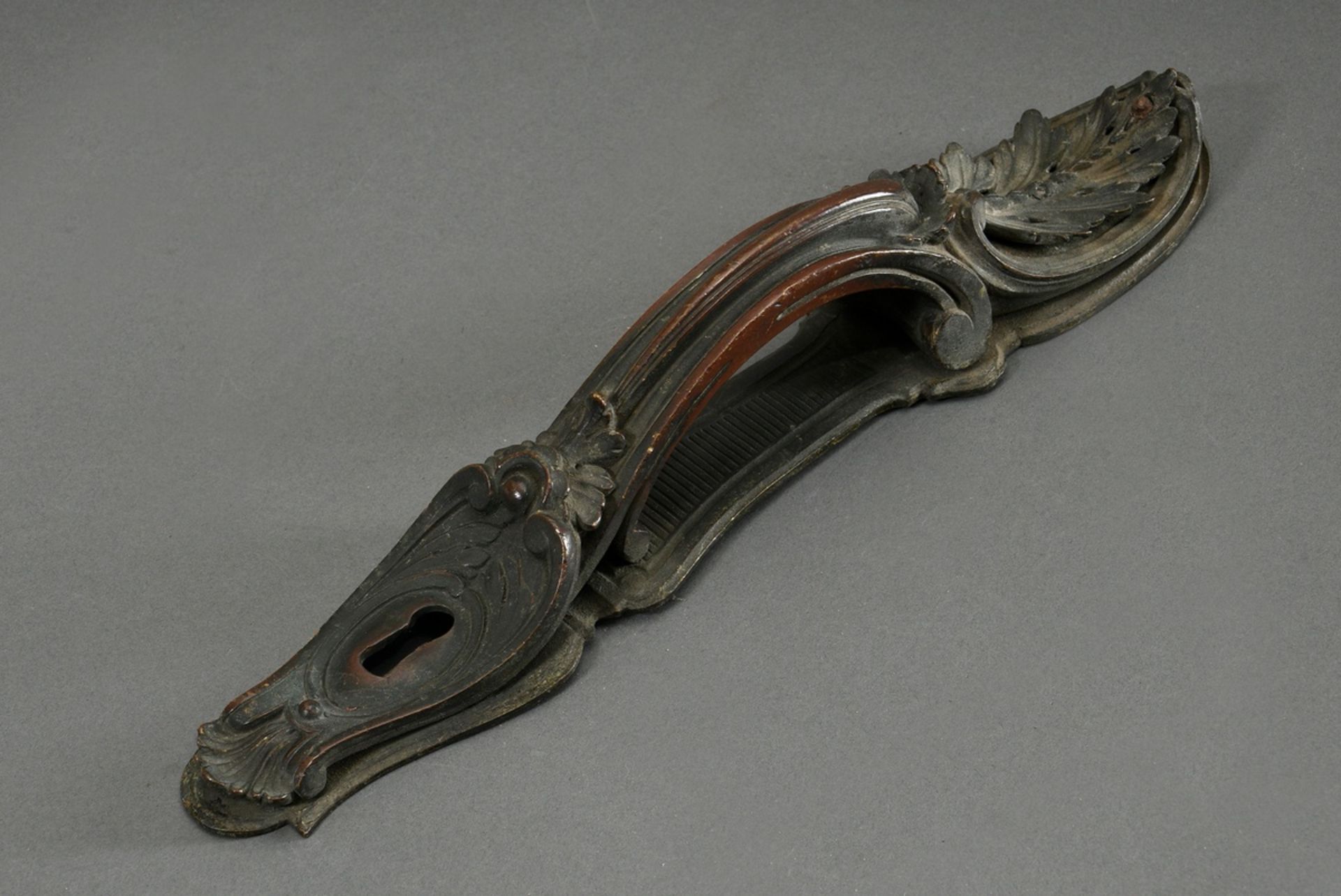 Representative state door handle in neo-baroque style, bronze with beautiful age patina, France c.