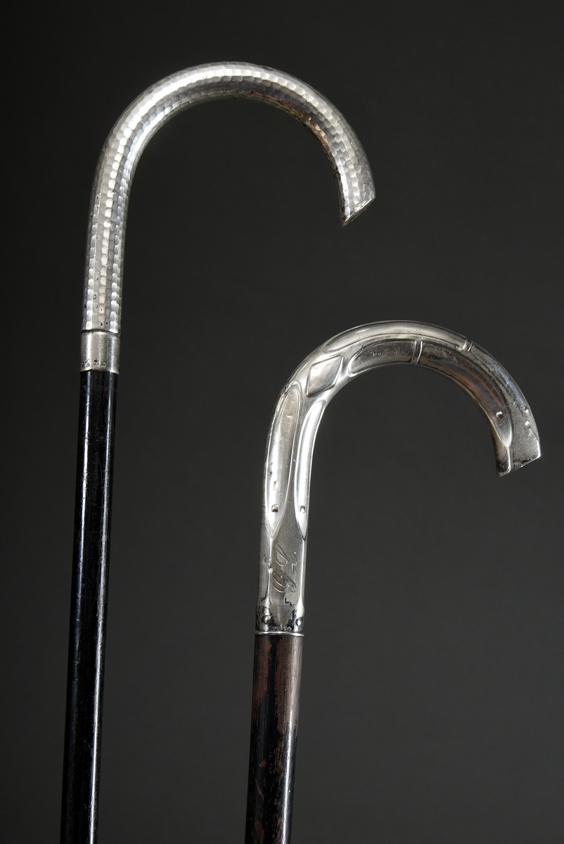 2 Various Art Nouveau walking sticks with silver 800 crutches: 1x geometrically abstracted decorati