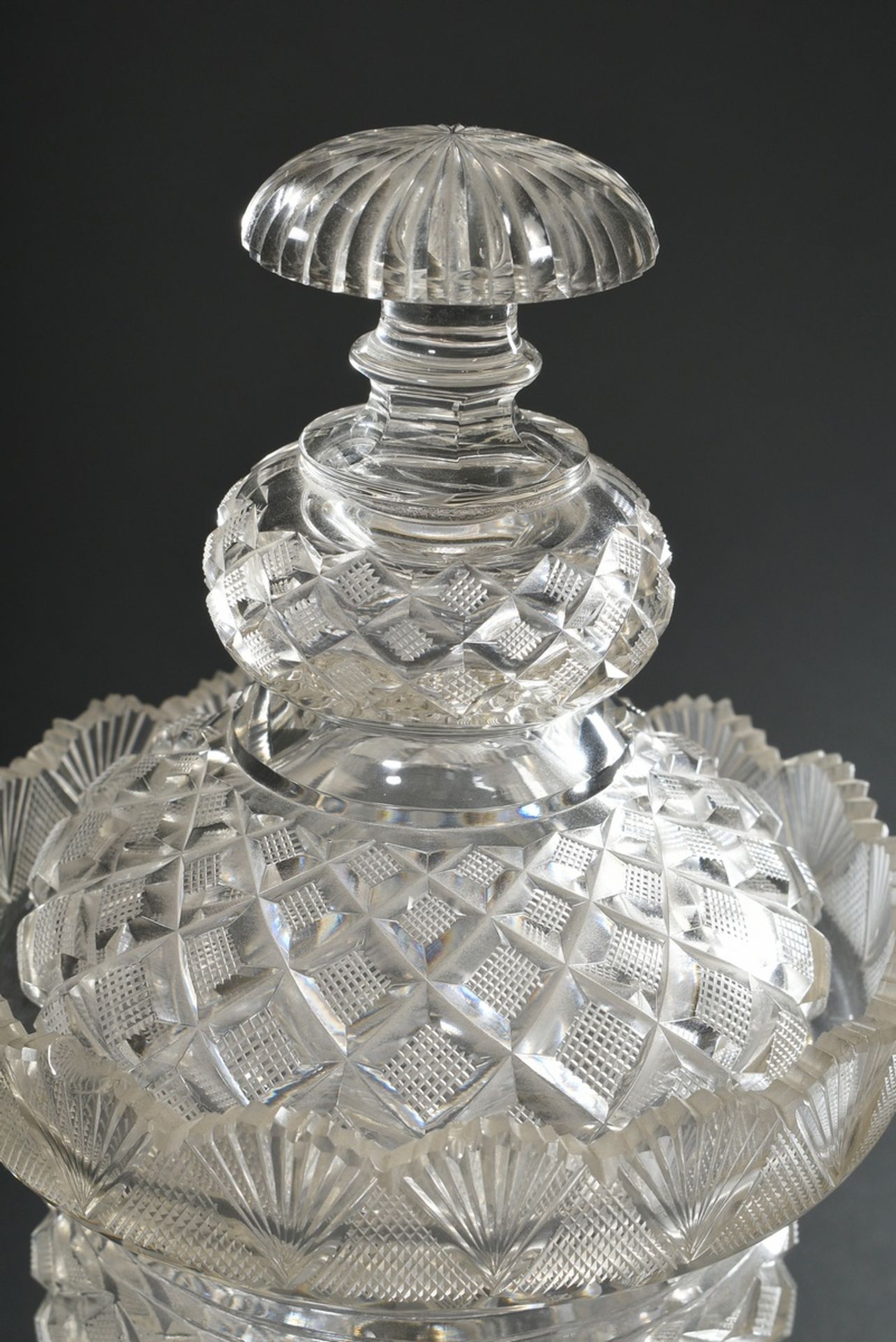 Crystal bonbonniere with rich cut on square base, 19th century, h. 30,5cm, chipped - Image 2 of 6