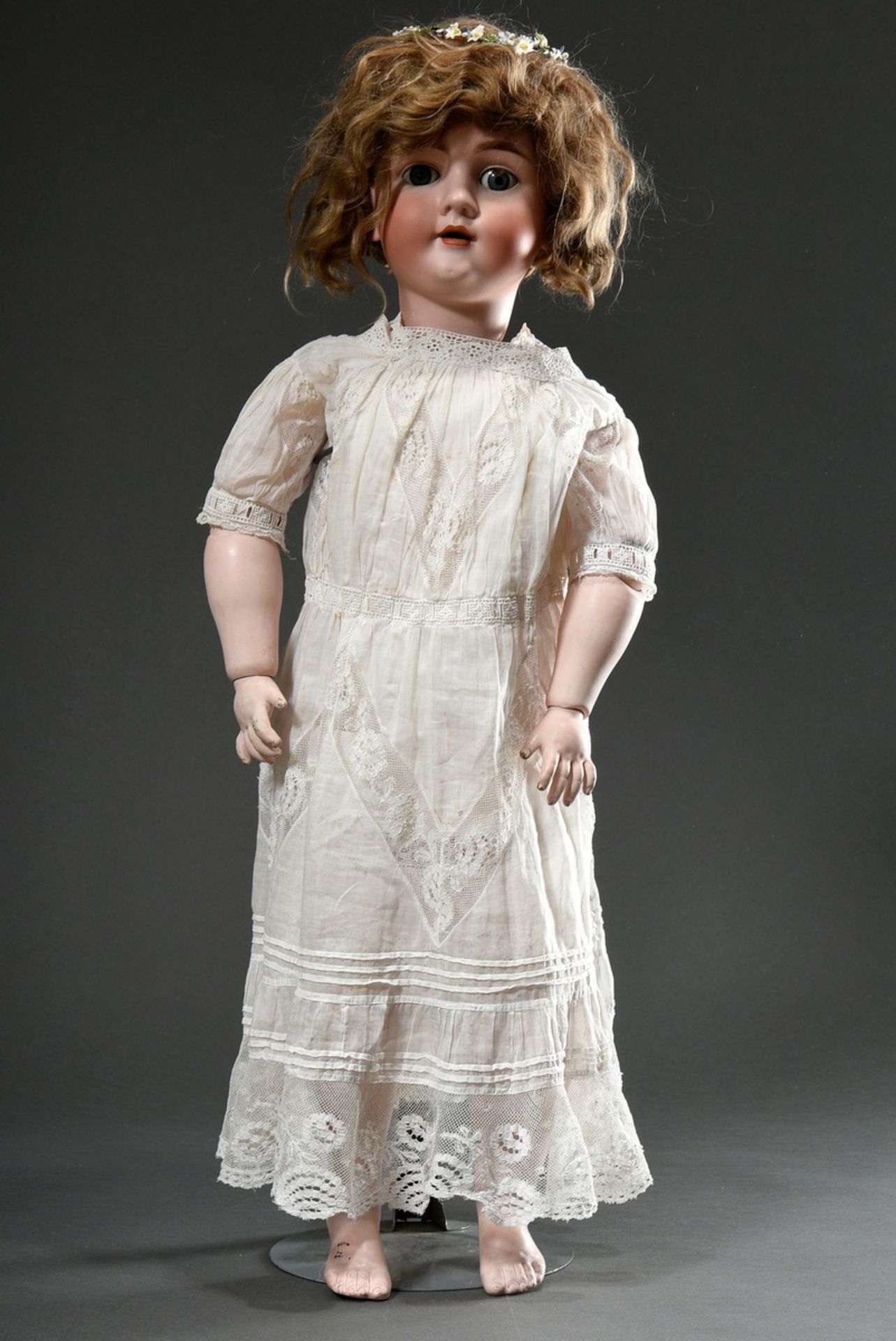 Kley & Hahn doll with bisque porcelain crank head, blue sleeping eyes, painted eyelashes, open mout