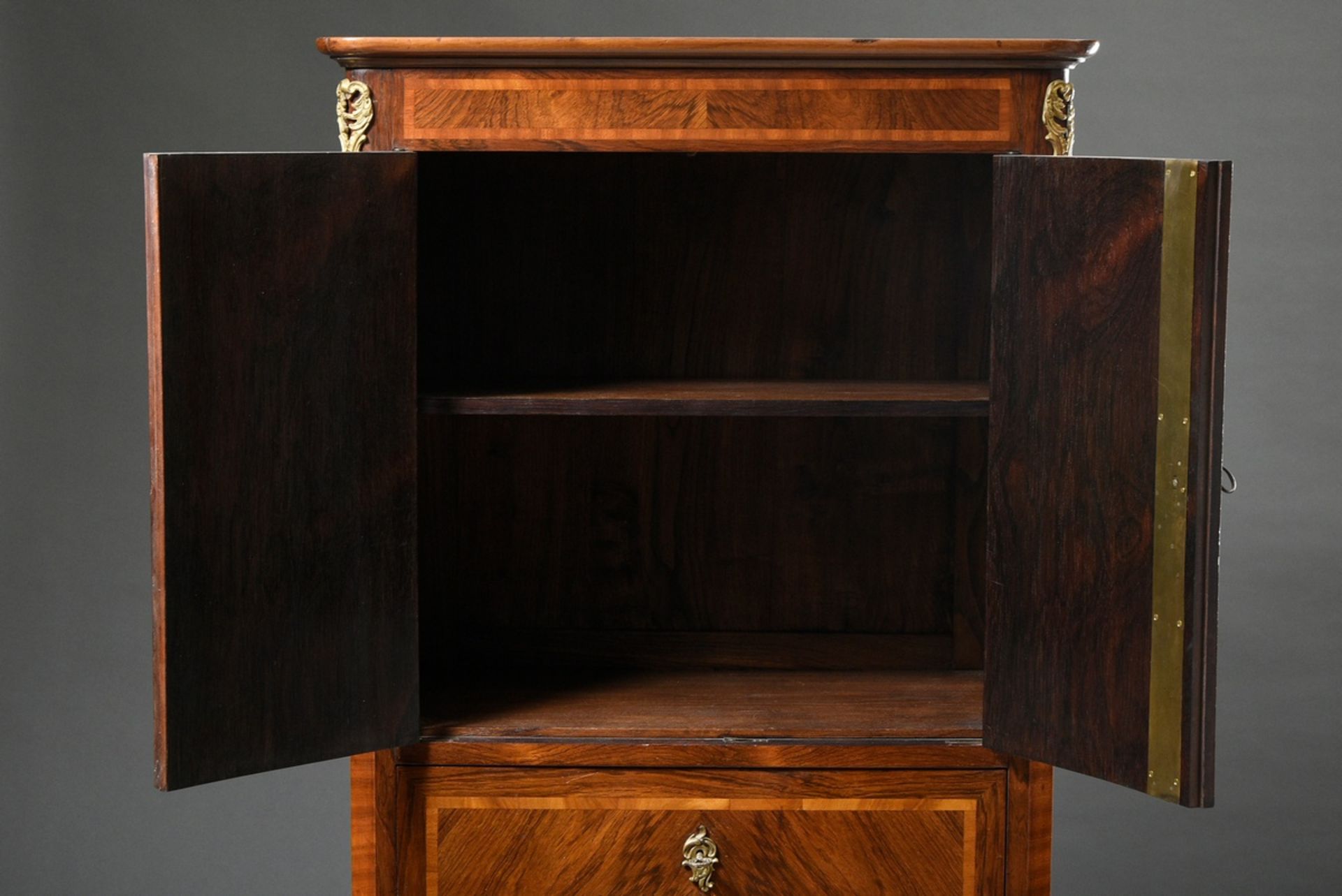 Small cabinet with double doors over 4 drawers, walnut and fruitwood veneer with gilt bronze fittin - Image 5 of 7