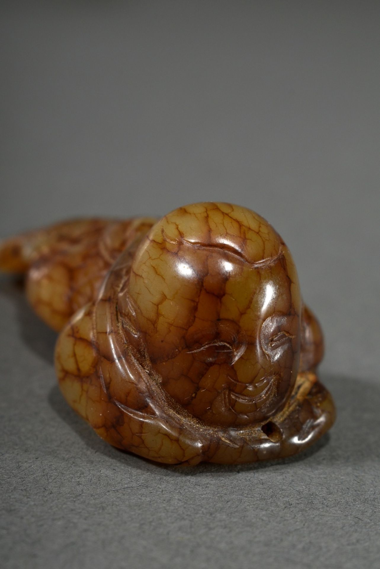 Fine figure of brown veined jade "Lying Mermaid", Ming or later, China, l. 7.5cm - Image 5 of 6