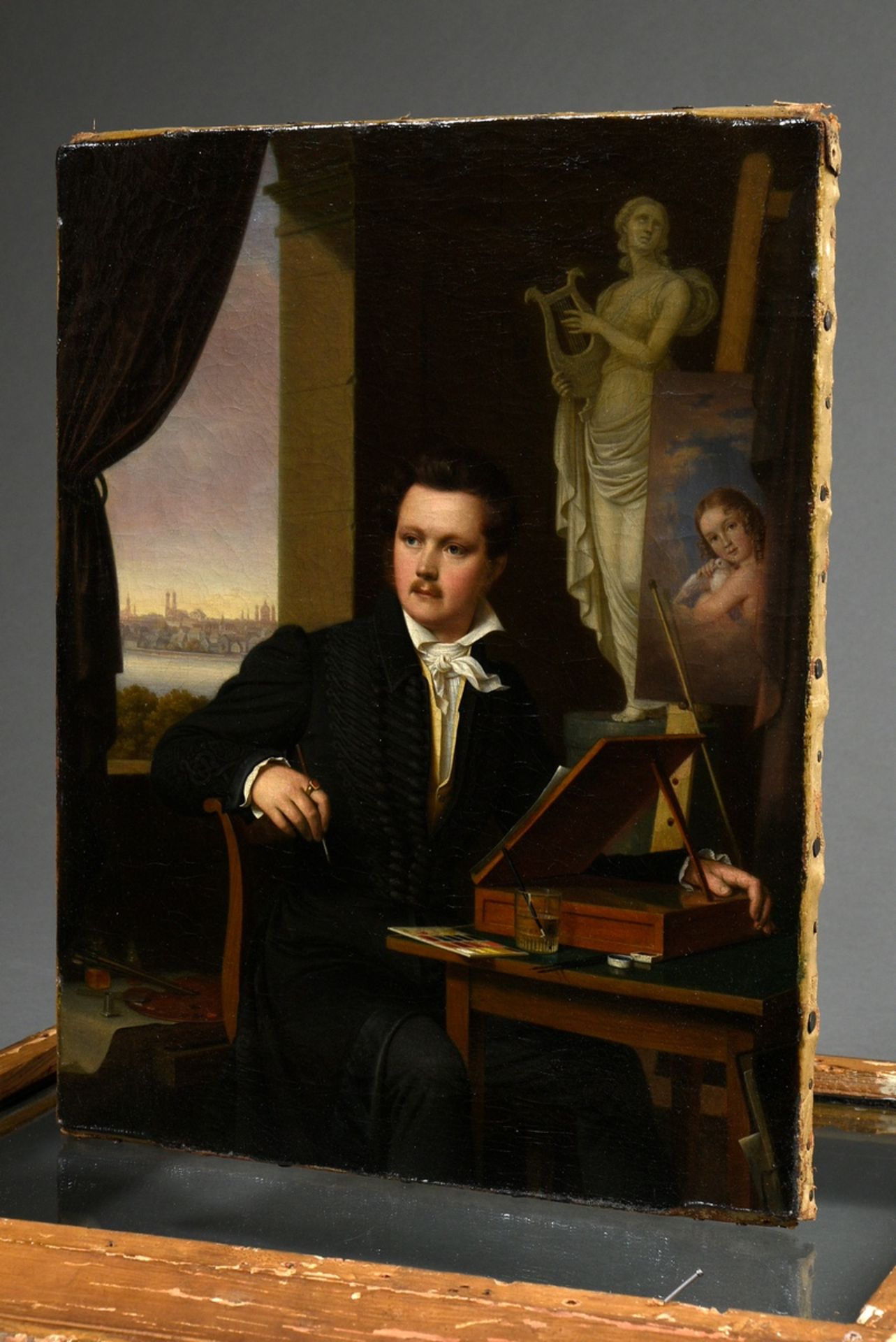 Rausch, Bernhard Peter von (1793-1865) "Self-portrait in the studio in front of a panorama of Munic - Image 3 of 9