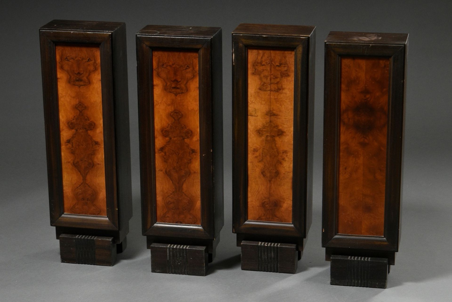 4 Small Art Deco sculptures postaments, dark stained wood with walnut inlays, 75x23x15cm, Provenanc
