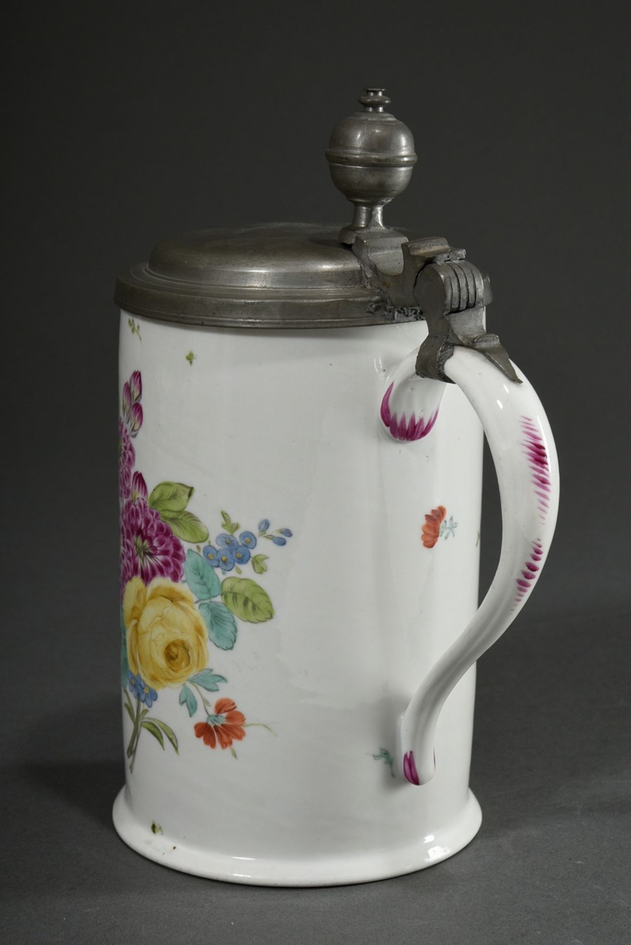 Wallendorf cylindrical roller jug with ear handle and polychrome painting "flower bouquets", pewter - Image 4 of 8