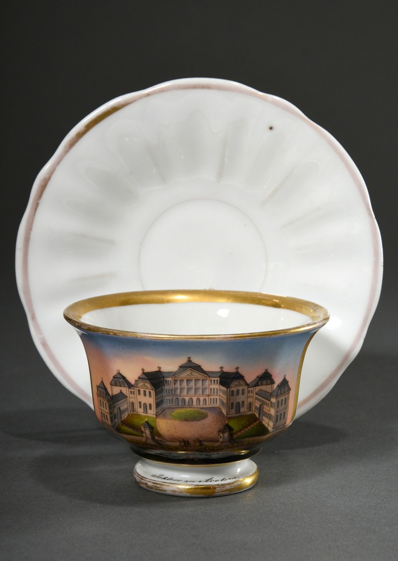 Biedermeier view cup with fine painting "Schloss zu Arolsen", Friedrich Adolph Schumann/Berlin, c.
