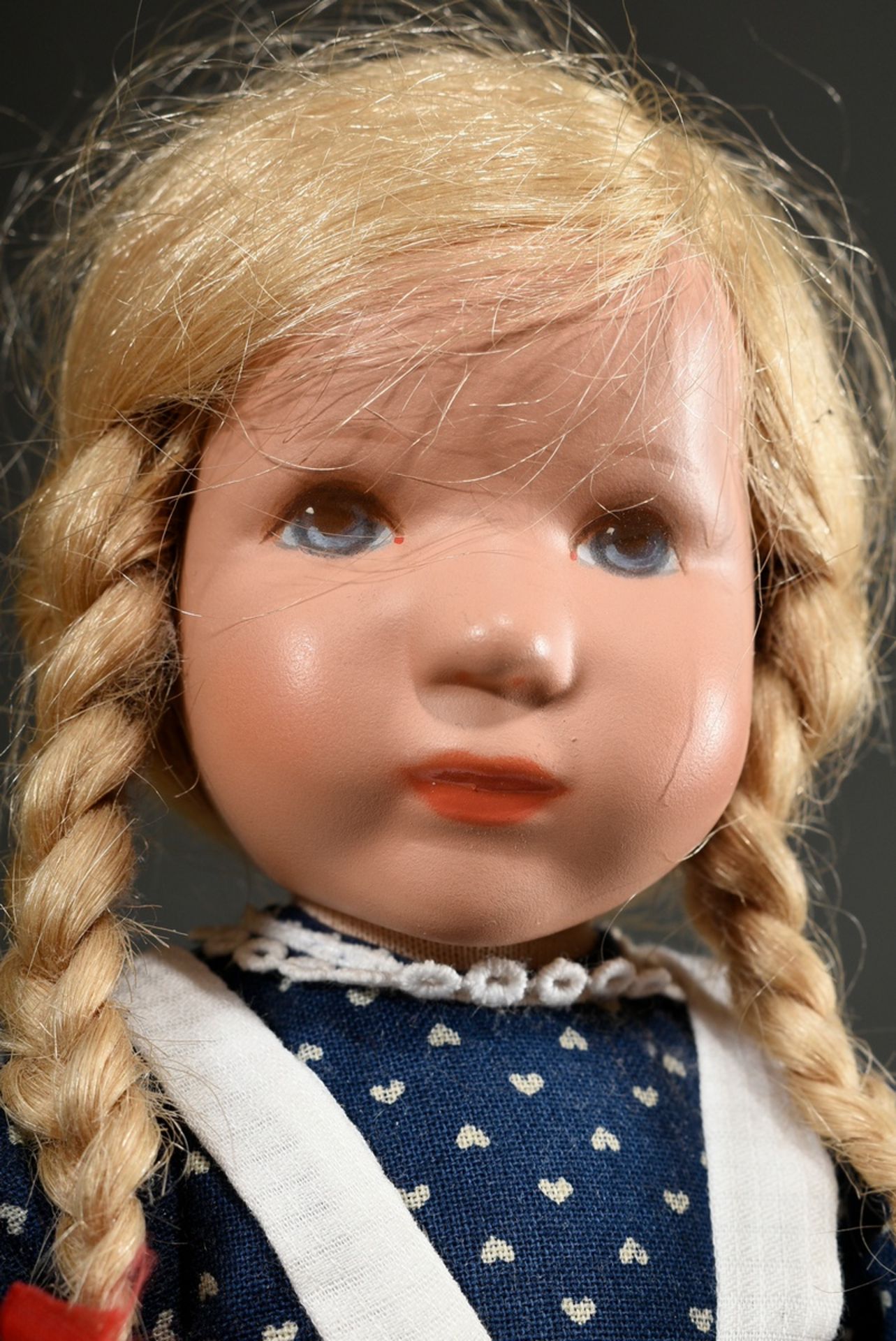 Small Käthe Kruse doll with bendable body, blond real hair and painted blue eyes, around 1970, l. 2 - Image 2 of 3