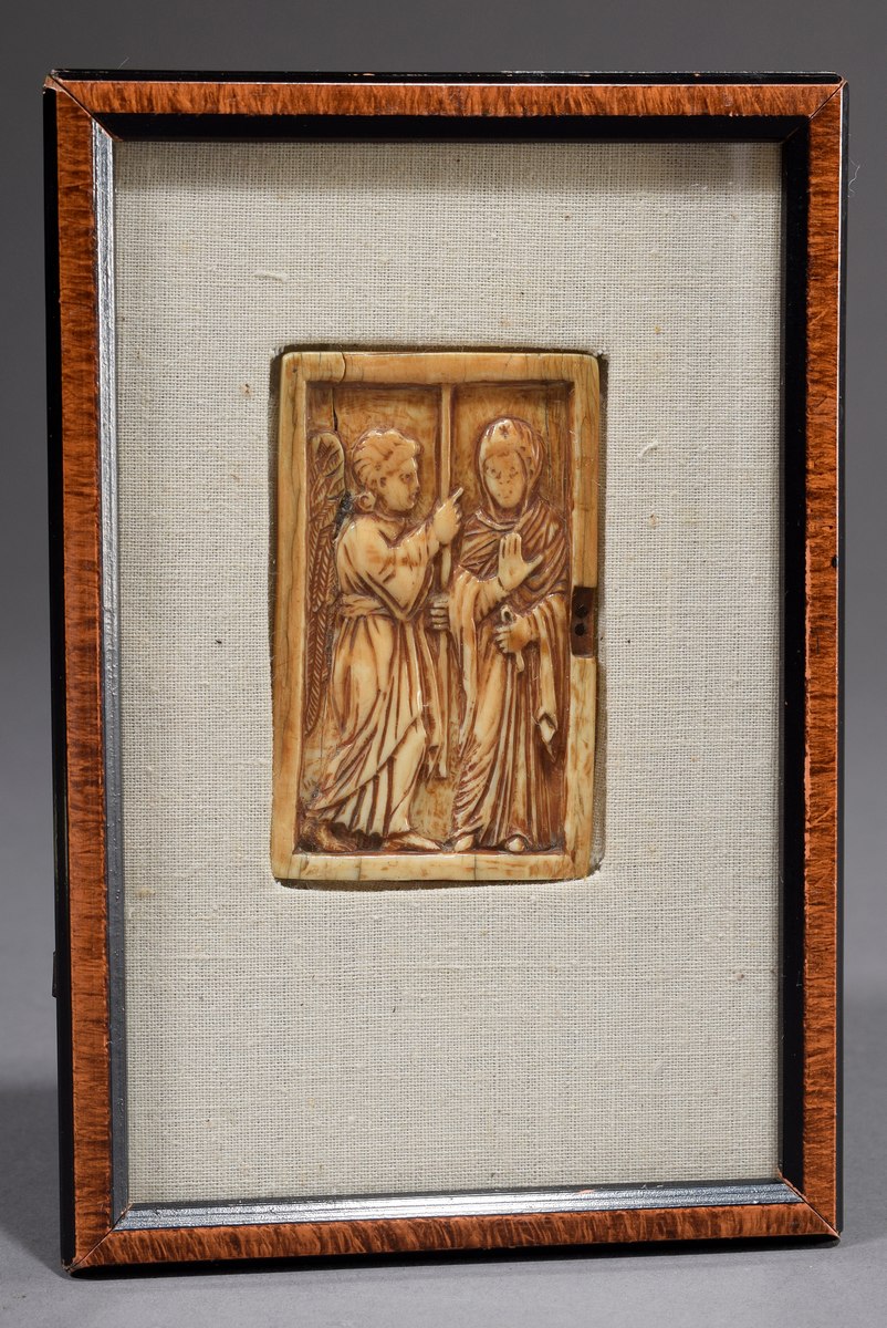 Byzantine ivory relief "Annunciation", verso "symbol of the cross" in an oval, probably part of a d