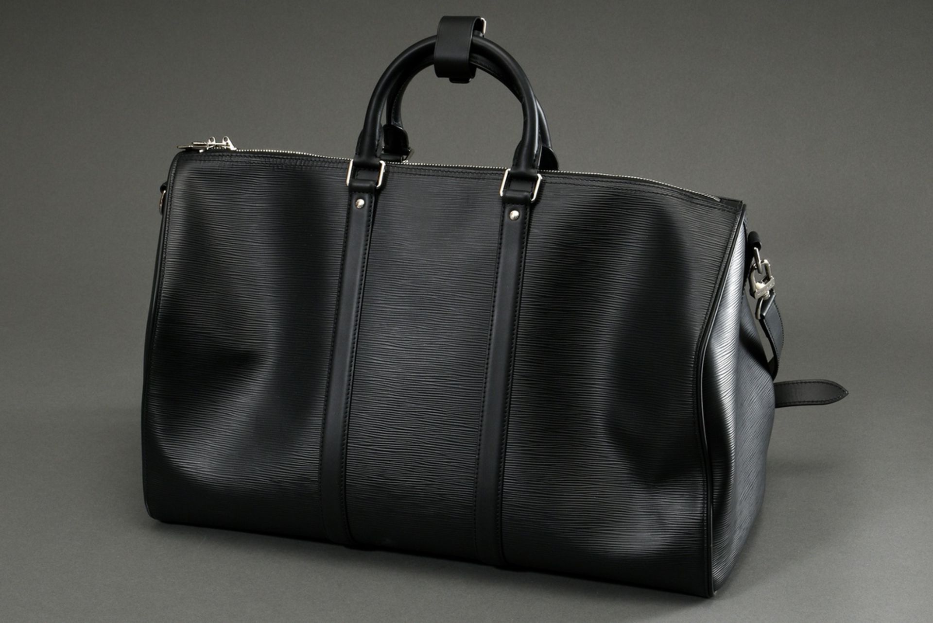 Louis Vuitton "Keepall 50" in Epi black, Damier graphite and raised Brand lettering on blue and whi - Image 4 of 9