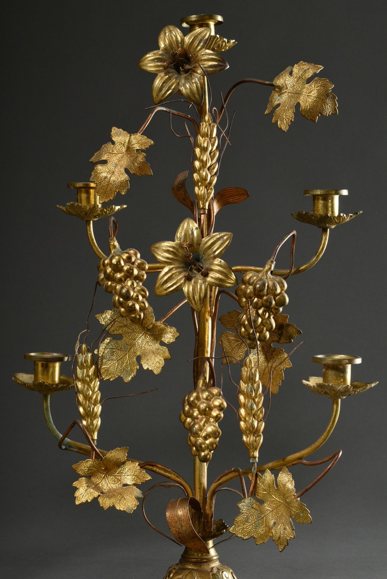 Pair of Marian or altar candlesticks with sculptural lily blossoms, grapes and ears of grain on orn - Image 2 of 6